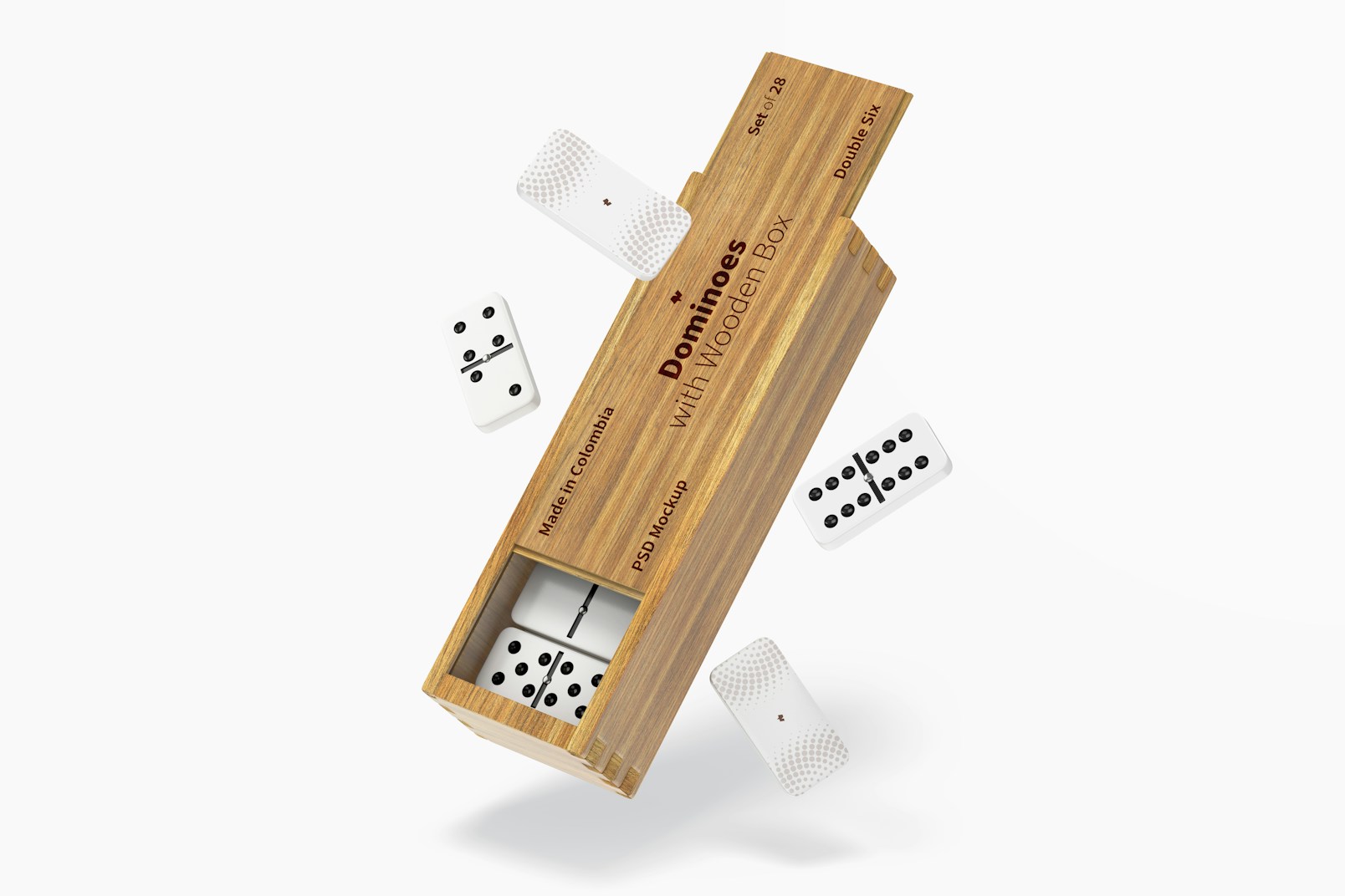 Dominoes with Wooden Box Mockup, Falling