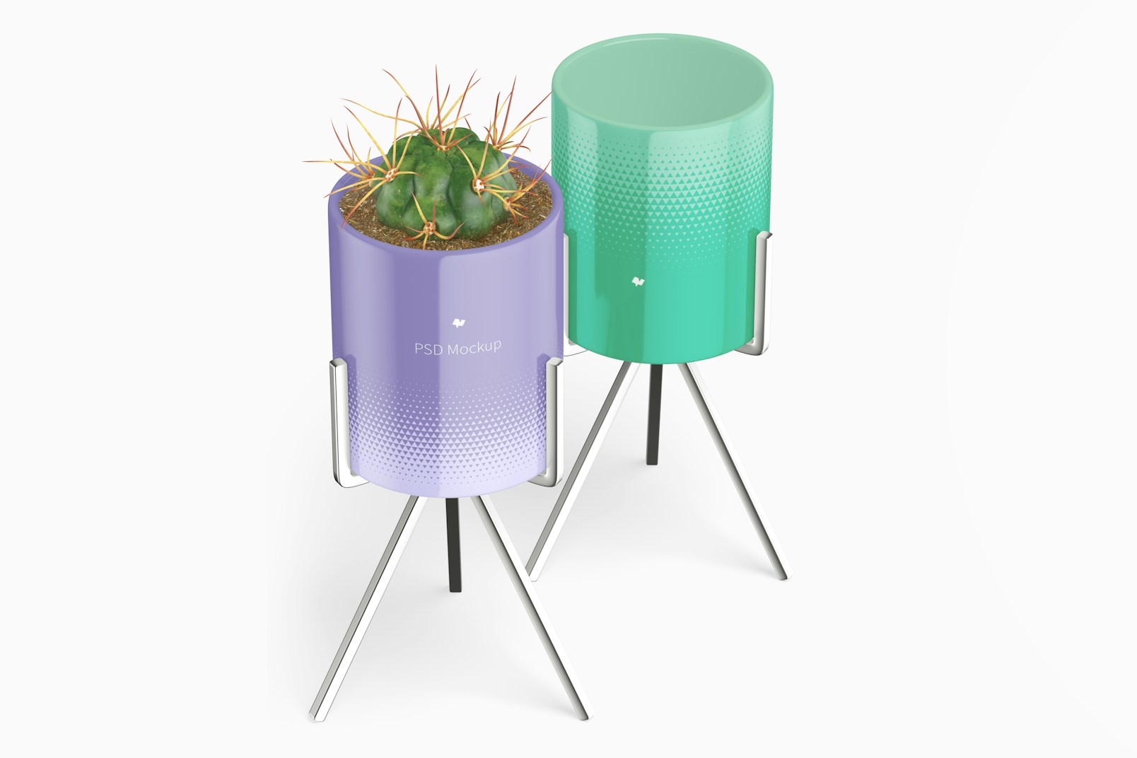 Flower Pots with Metal Stand Mockup, Front View
