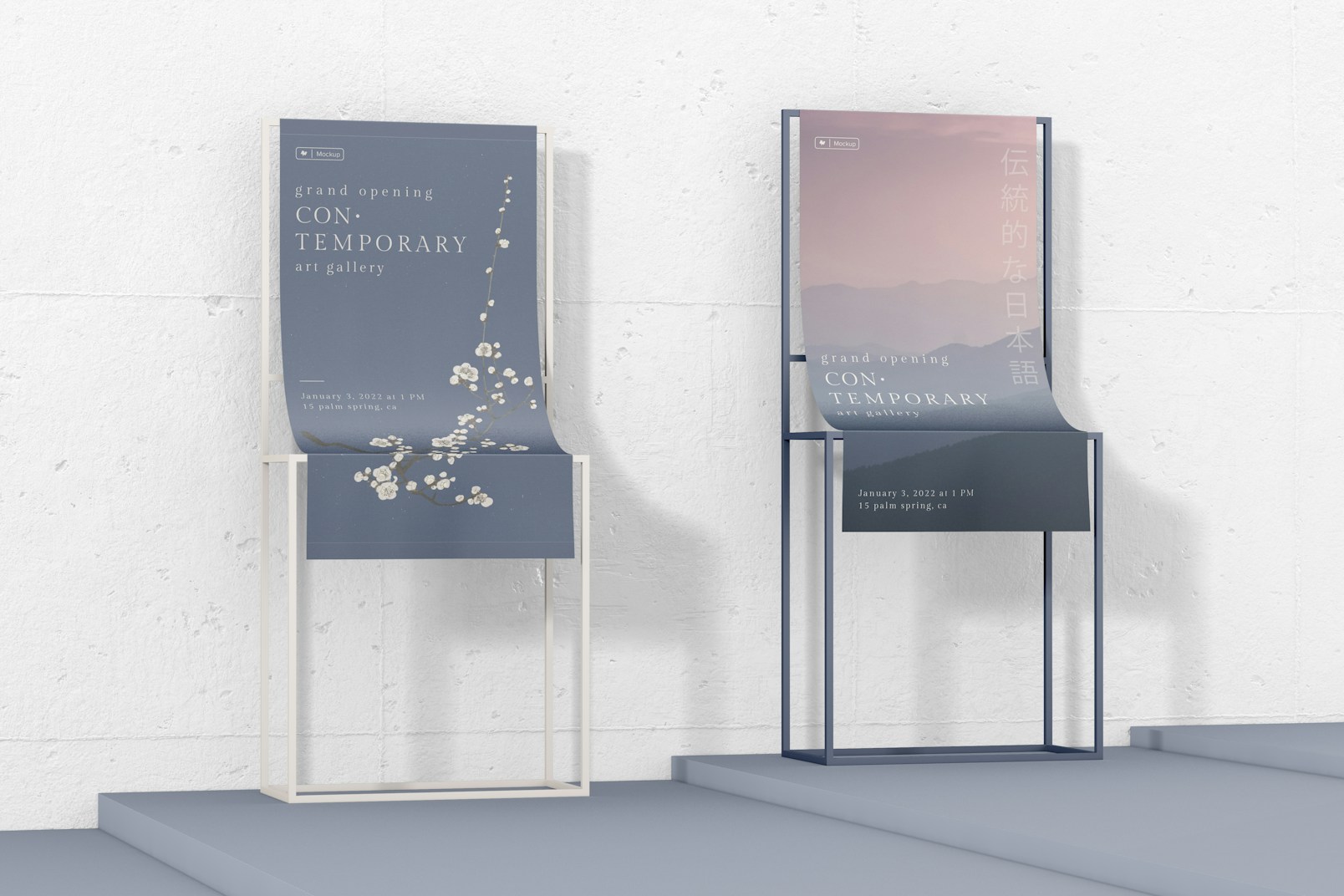 Small Exhibition Poster Stands Mockup, Left View