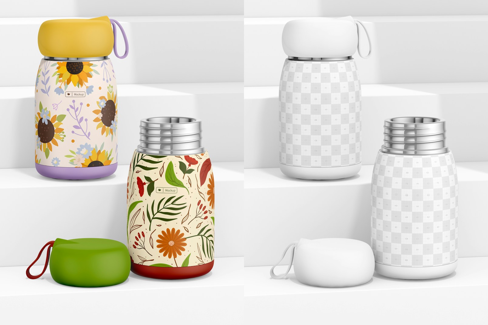 Small Kids Water Flasks Mockup, Opened and Closed