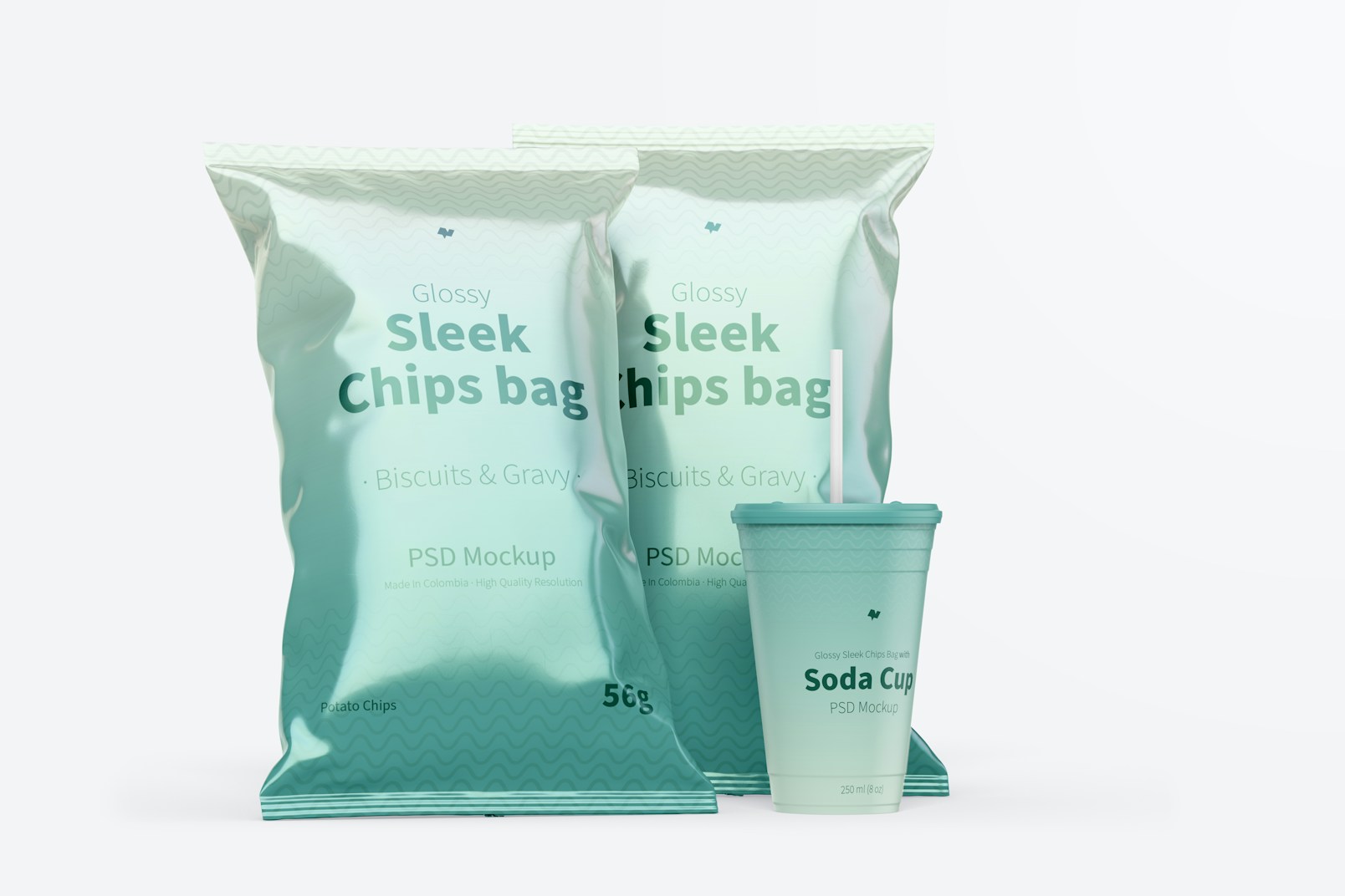 Glossy Sleek Chips Bags Mockup with Soda Cup
