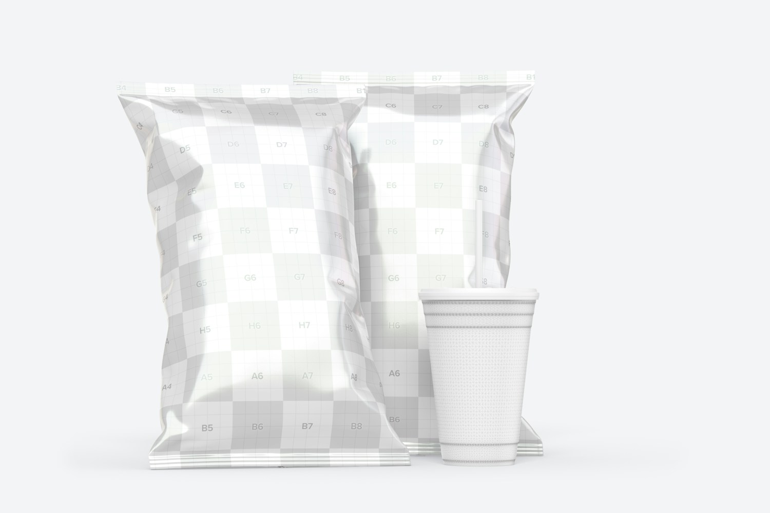 Maqueta de Bolsas Brillantes Alargadas de Papas con Vaso Maqueta de Bolsas Brillantes Alargadas de Papas con Vaso