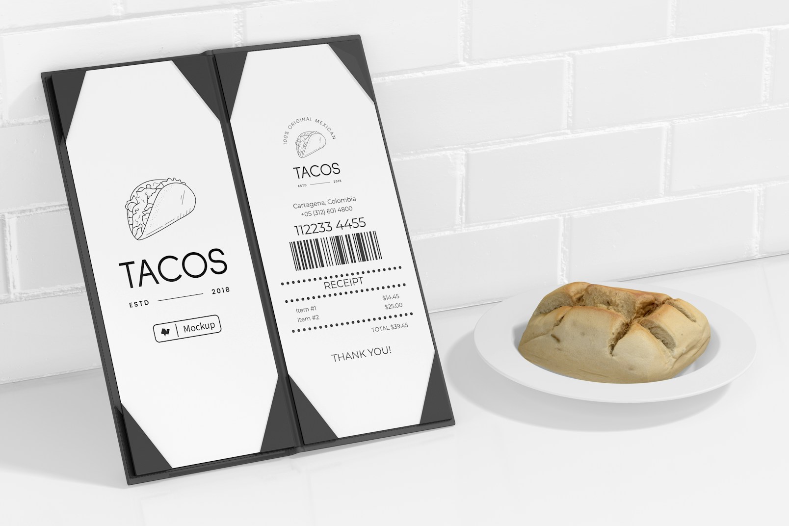 Three-sided Menu Cover Mockup, with Bread