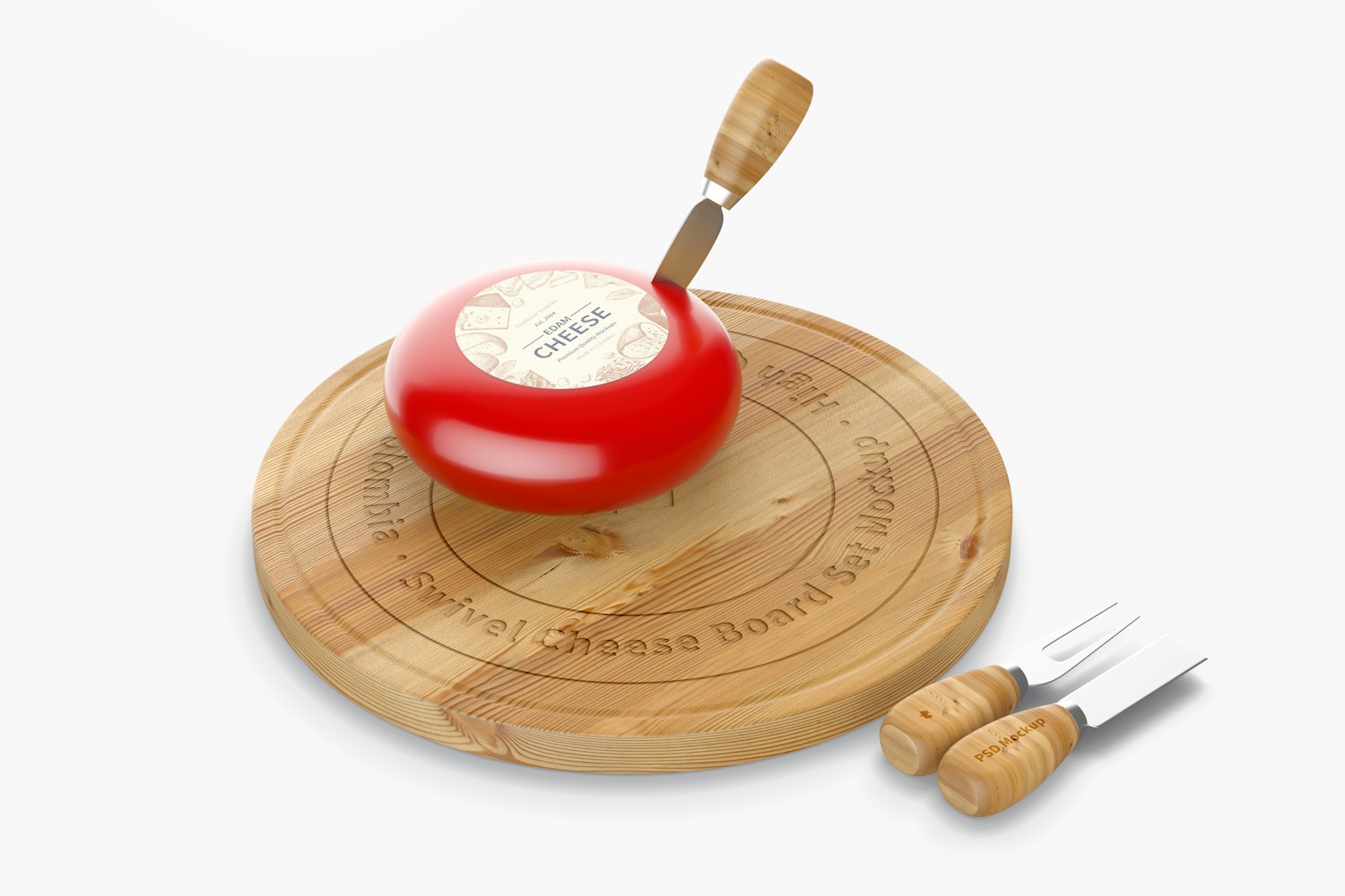 Swivel Cheese Board Set Mockup, Left View Swivel Cheese Board Set Mockup, Left View