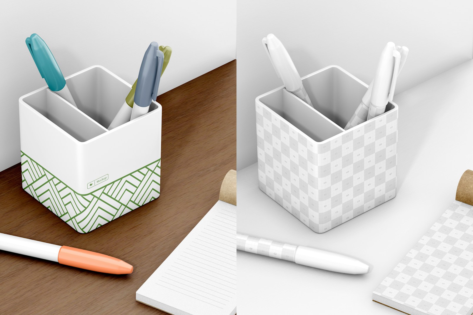 Pen Holder with Kraft Notebook Mockup, Top View