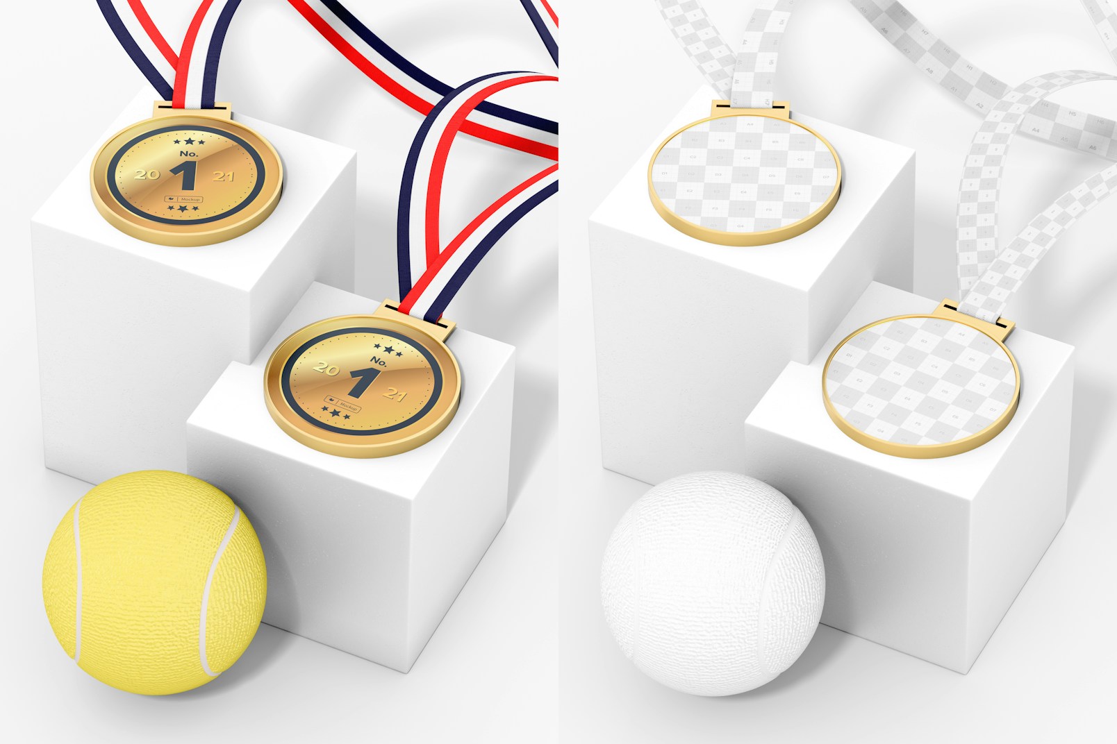 Round Competition Medals with Ribbon Mockup, Perspective