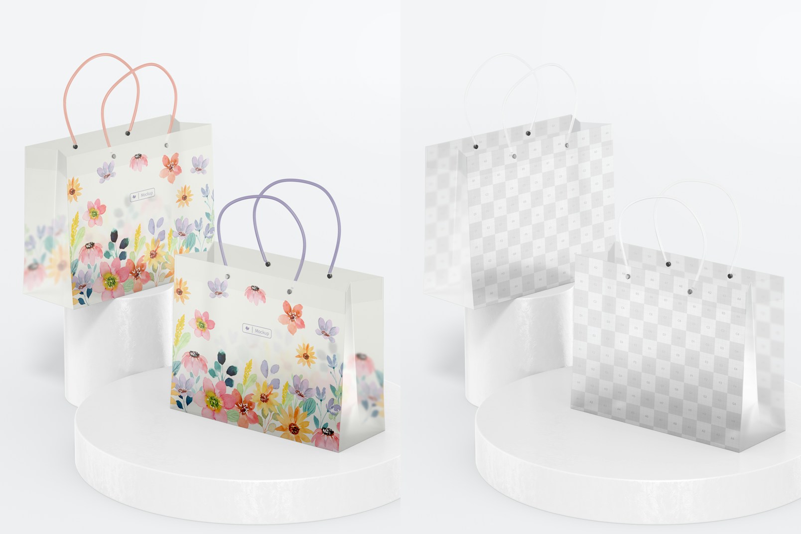 Clear Shopping Bags Mockup, on Podiums