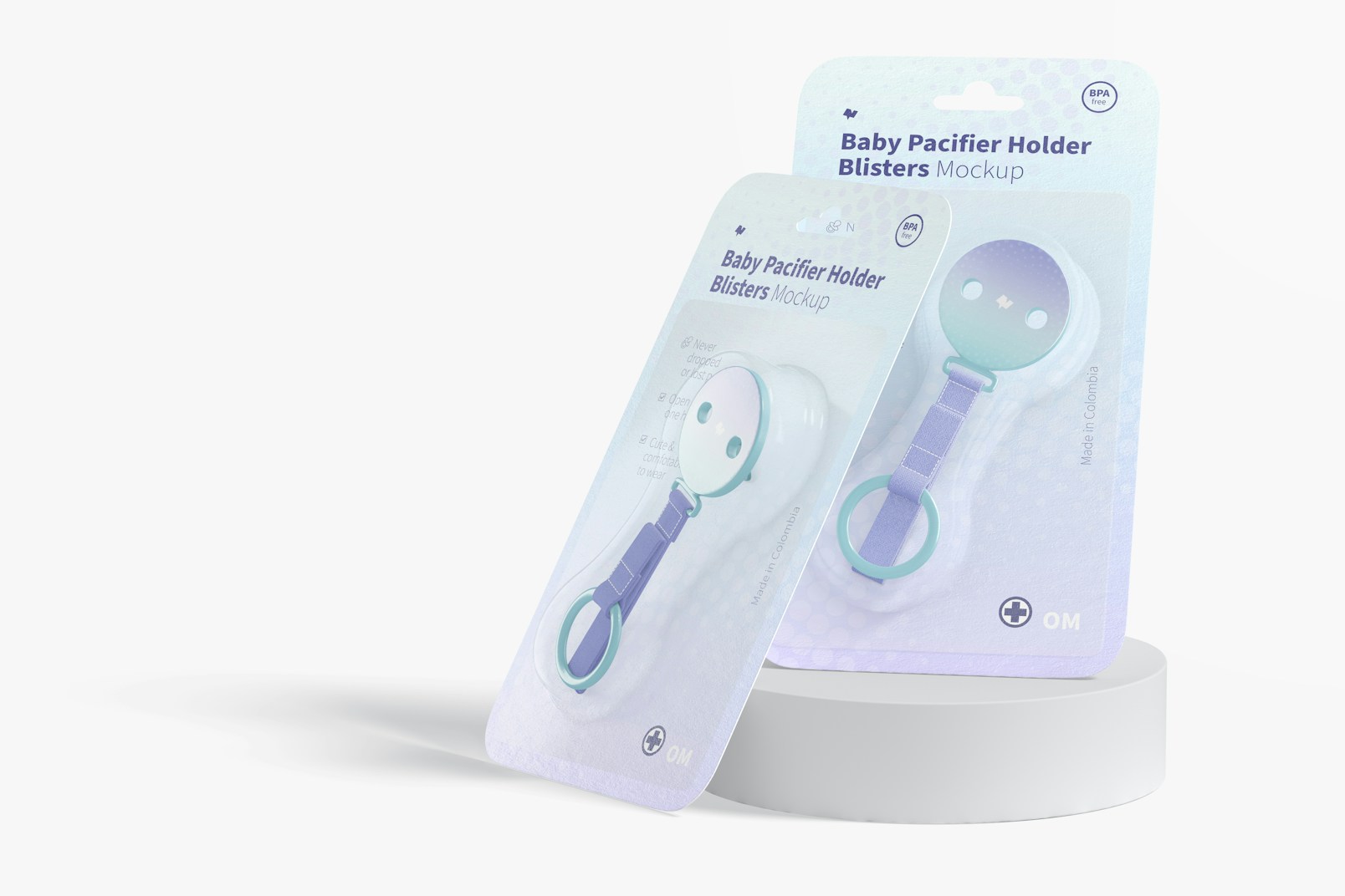 Baby Pacifier Holder Blisters Mockup, Perspective