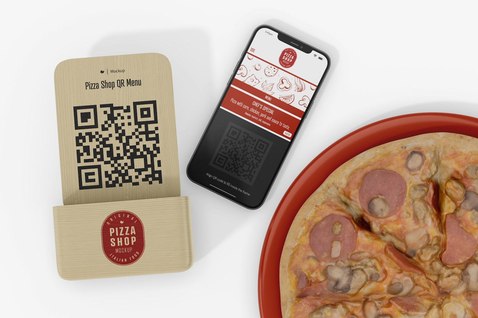 Maqueta de Menu QR para Pizzería, Vista Superior