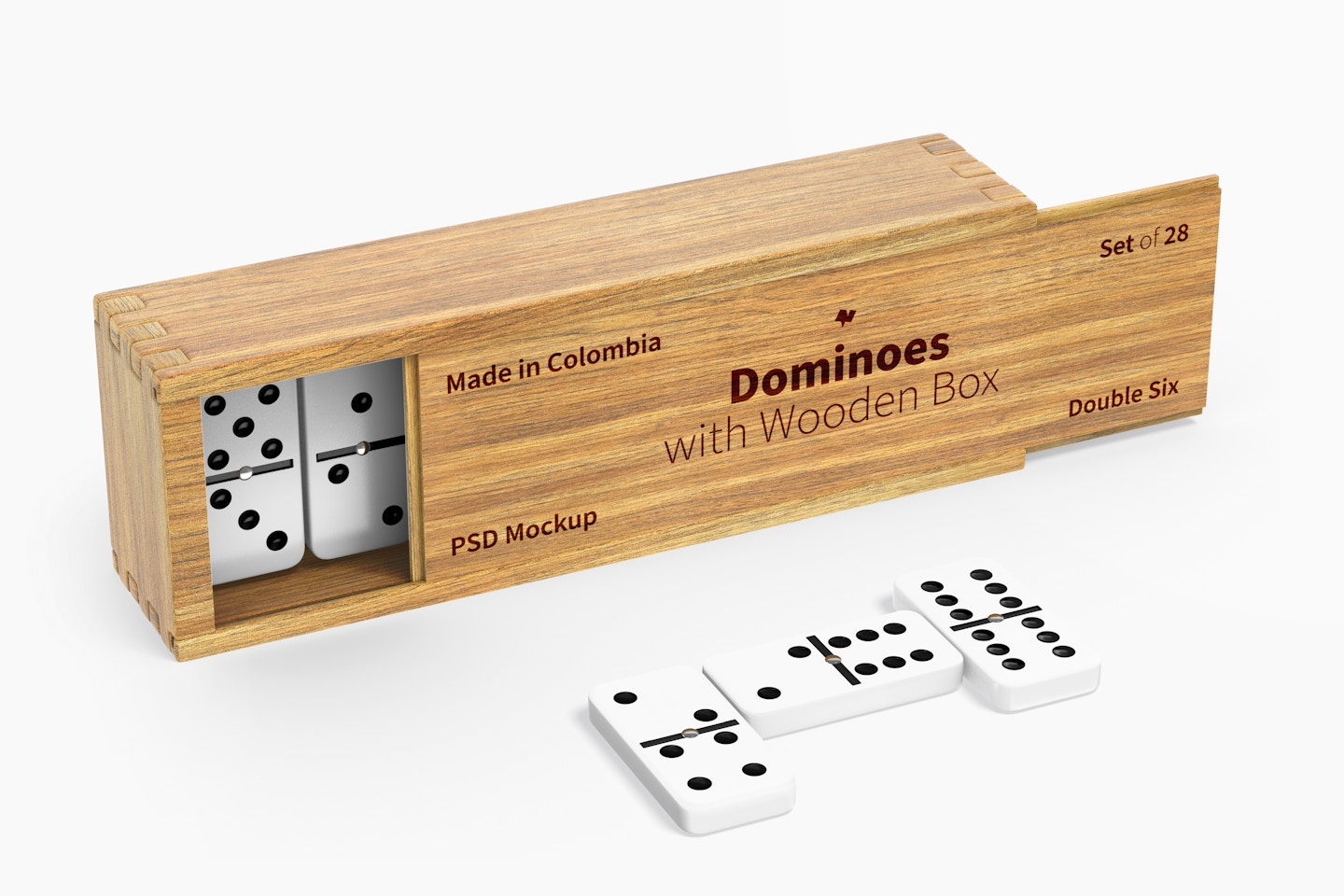 Dominoes with Wooden Box Mockup, Left View