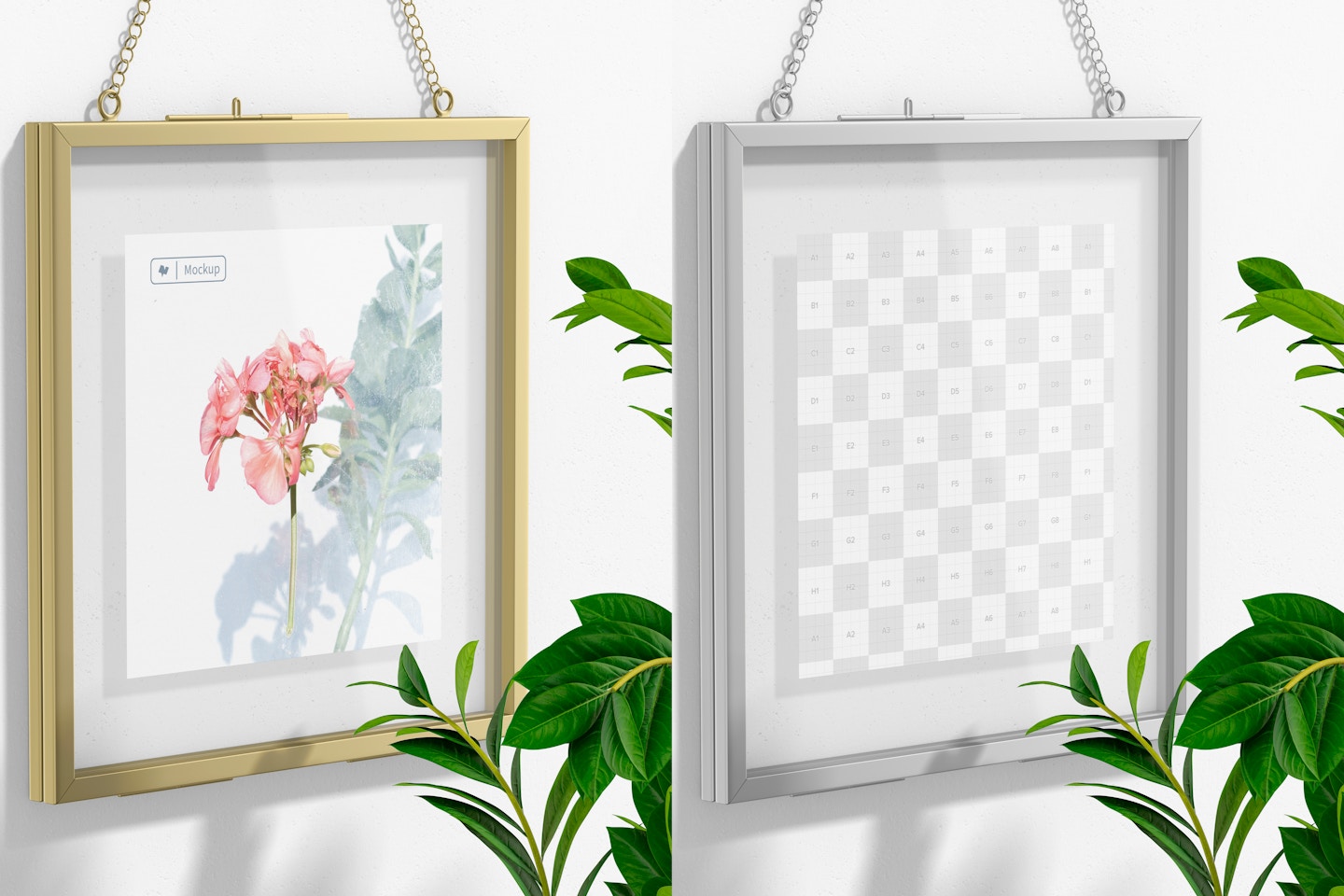 Glass And Metal Hanging Photo Frame Mockup, Close Up