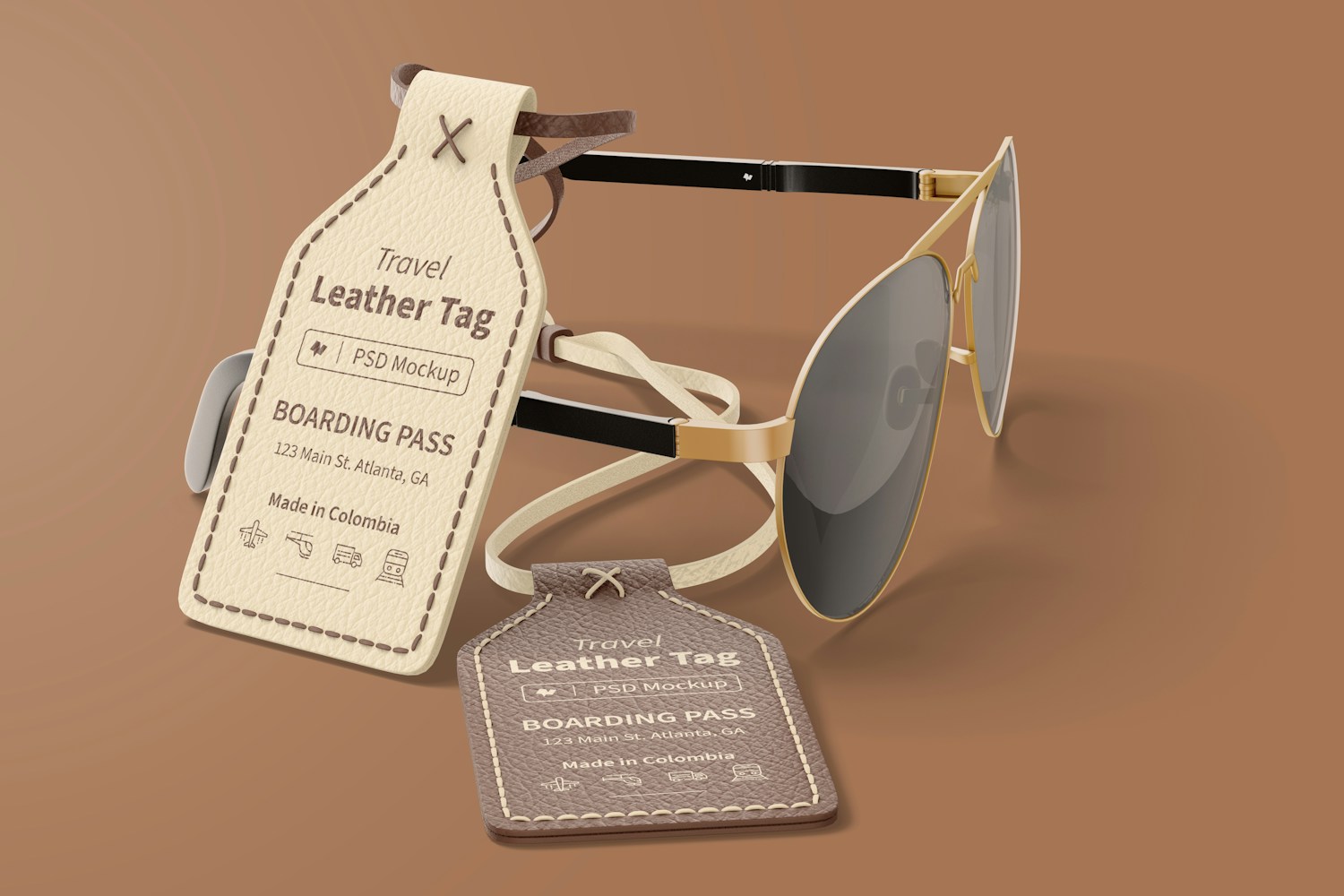 Travel Leather Tag Mockup, with Glasses