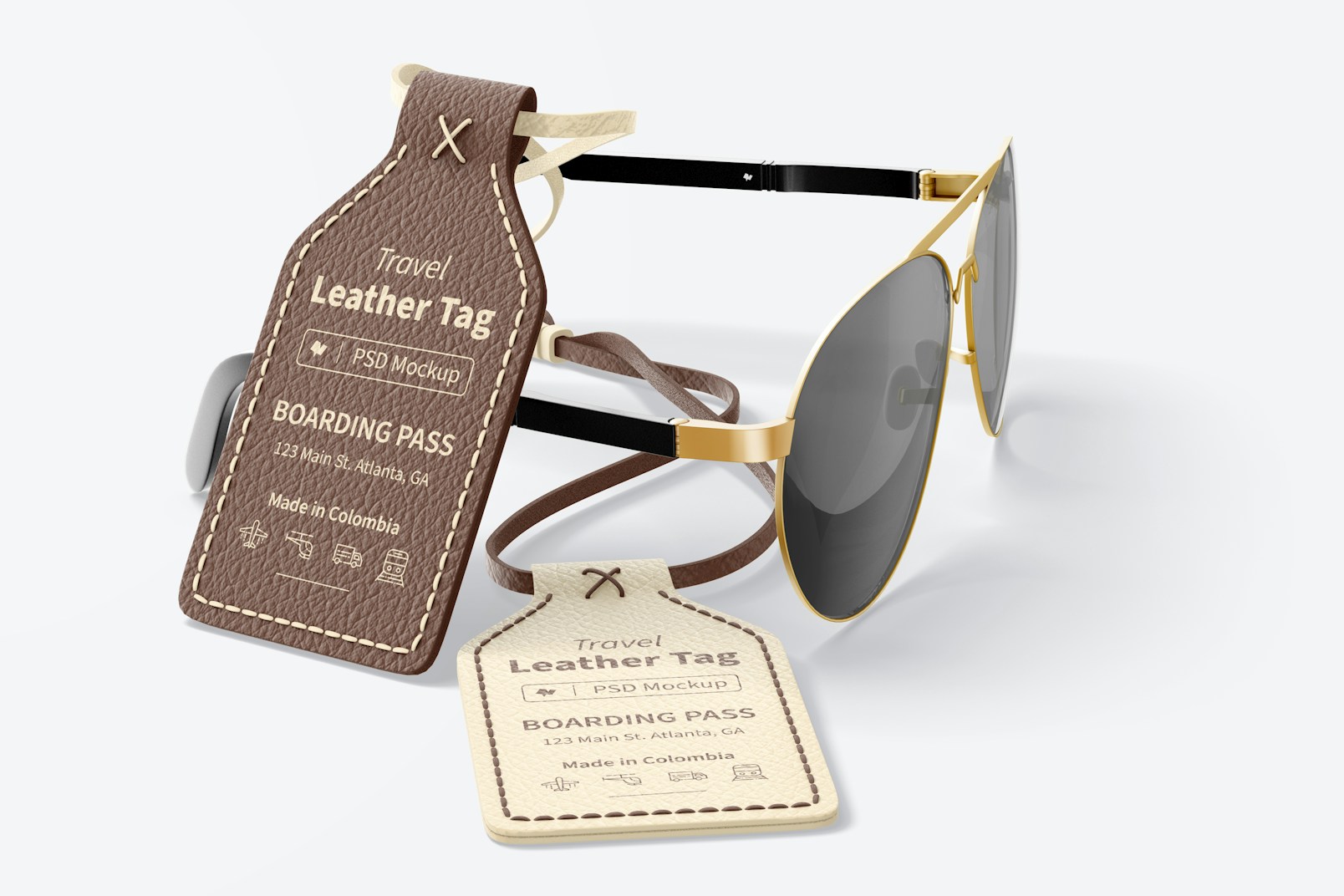 Travel Leather Tag Mockup, with Glasses
