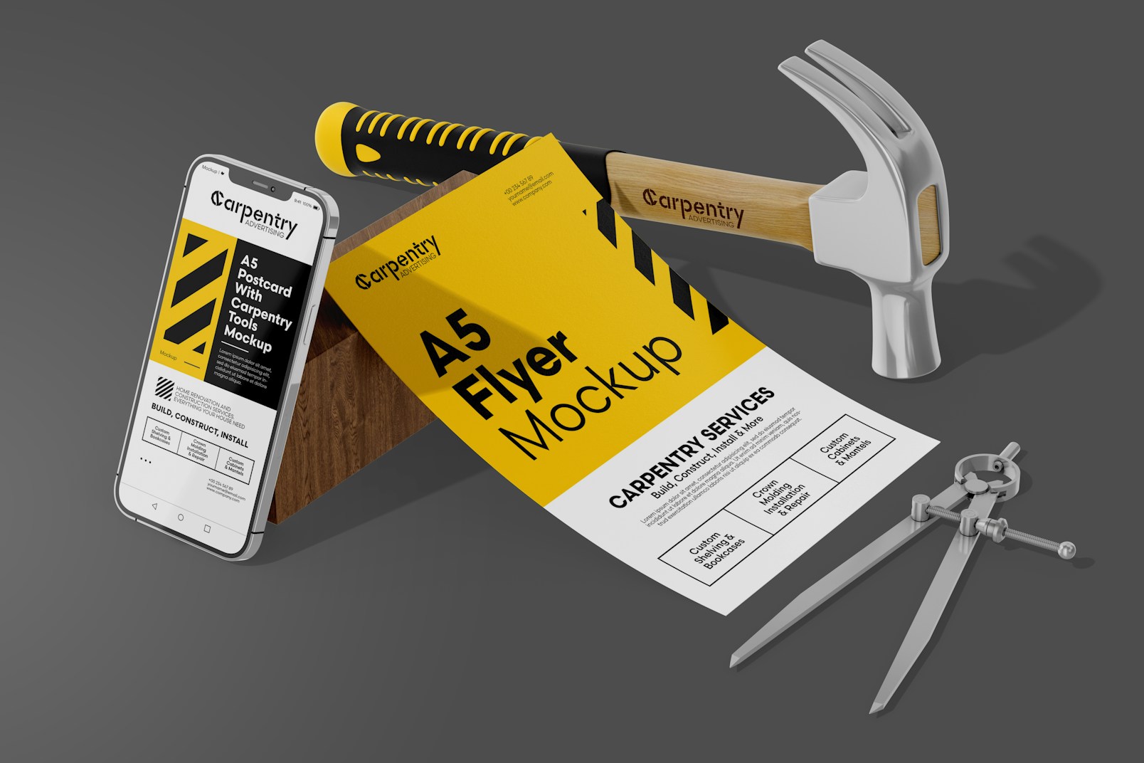 A5 Postcard with Carpentry Tools Mockup, Left View