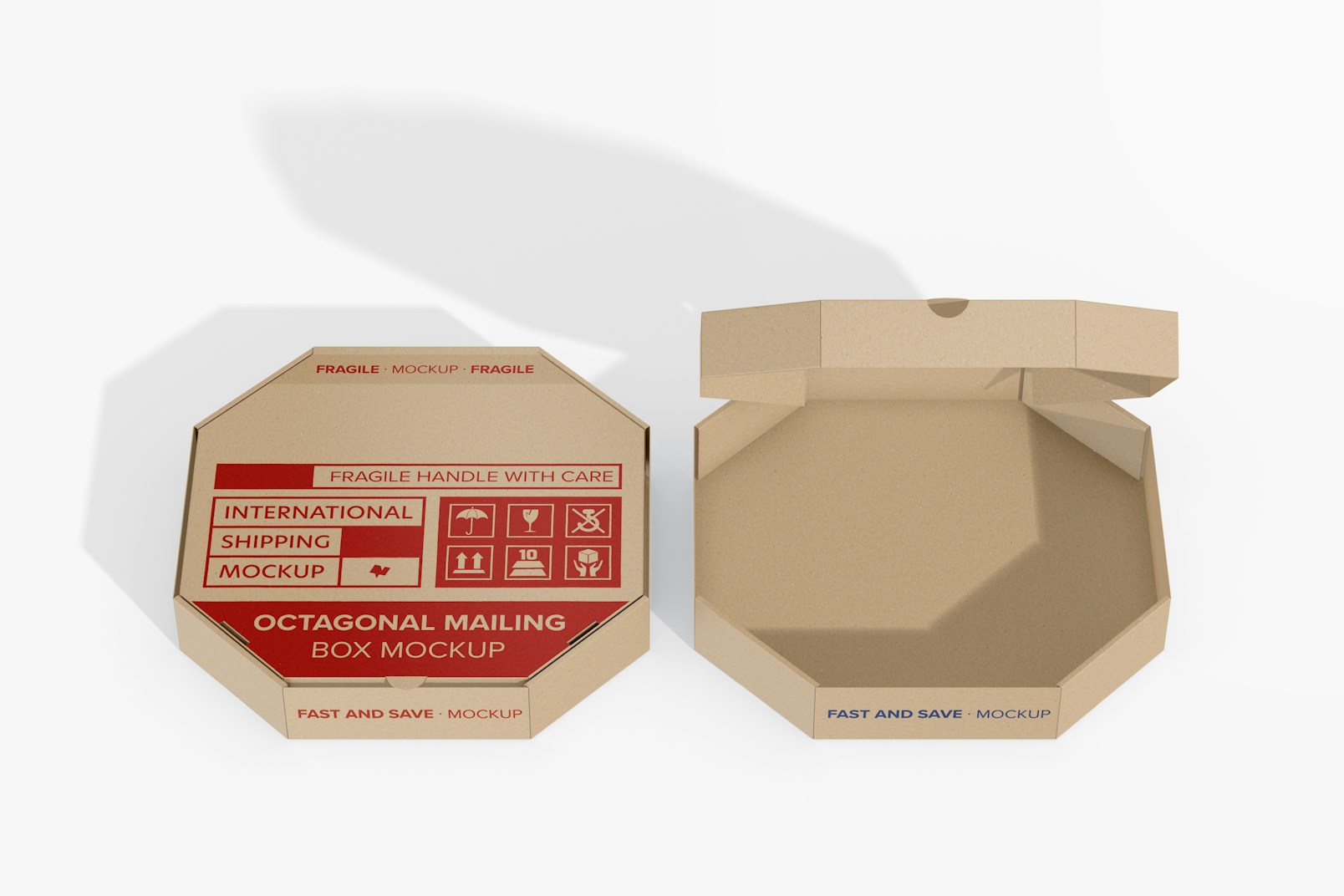 Octagonal Mailing Boxes Mockup, Opened and Closed