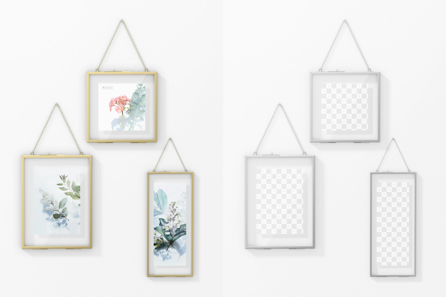 Glass And Metal Hanging Photo Frames Mockup, Front View