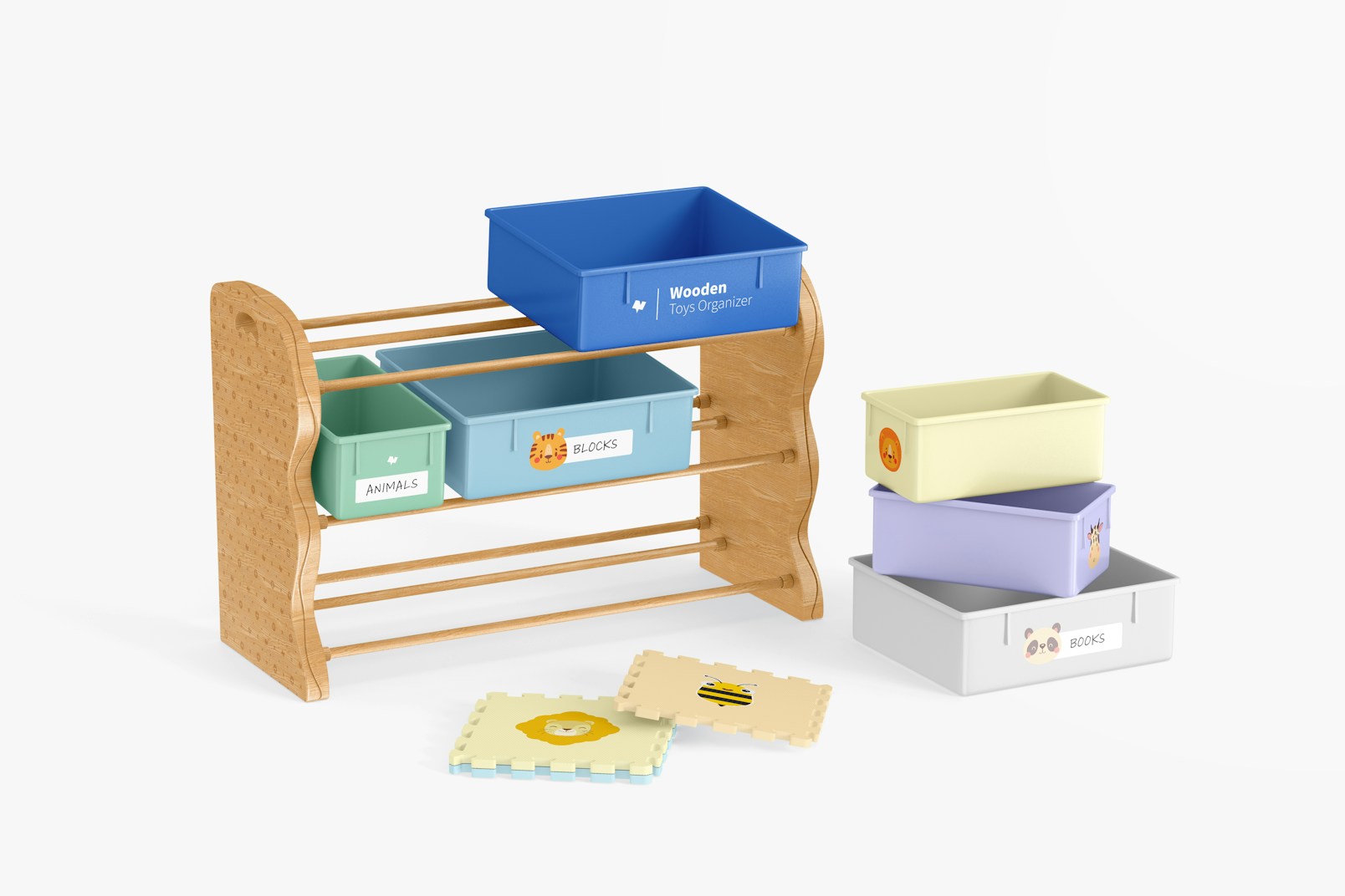 Wooden Toys Organizer Mockup, Left View