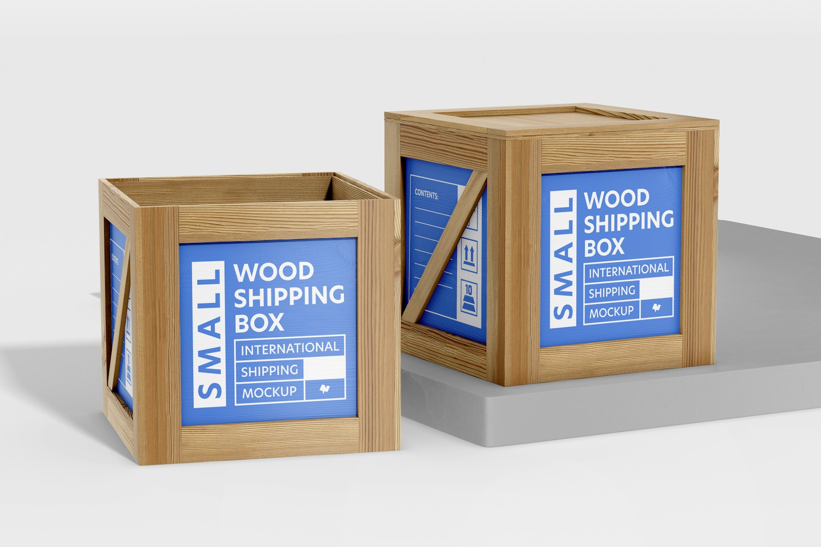 Small Wood Shipping Boxes Mockup, Opened and Closed