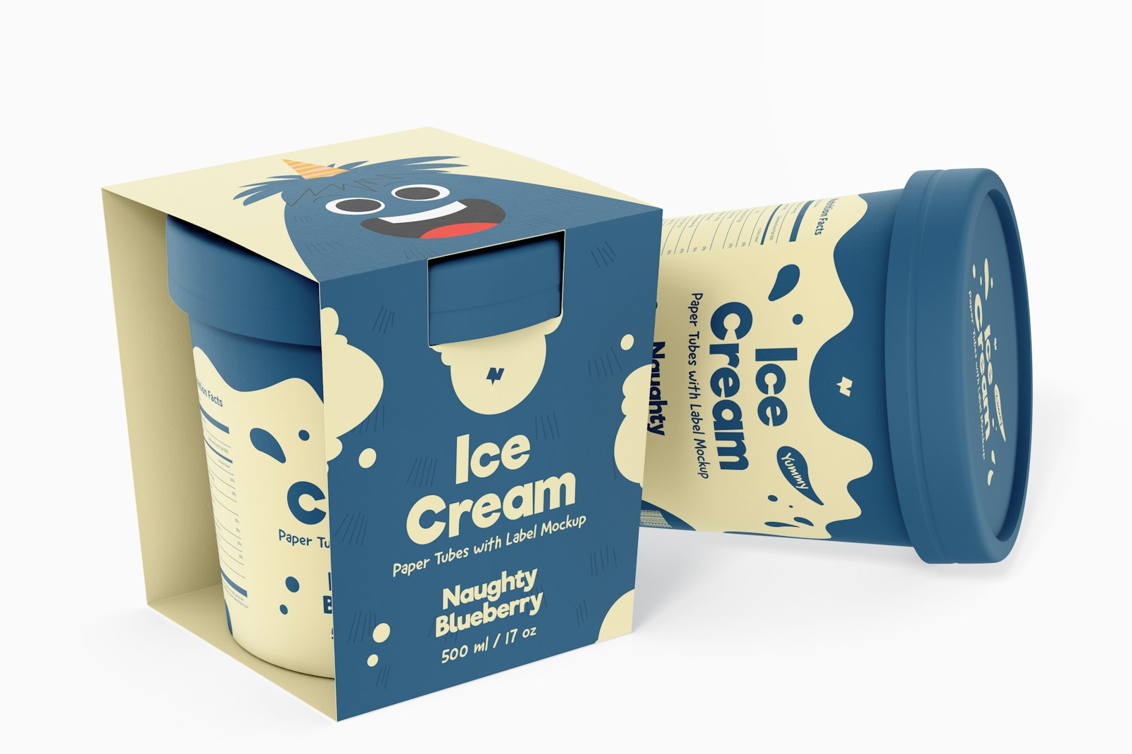 500 ml Ice Cream Paper Tub with Label Mockup, Standing and Dropped