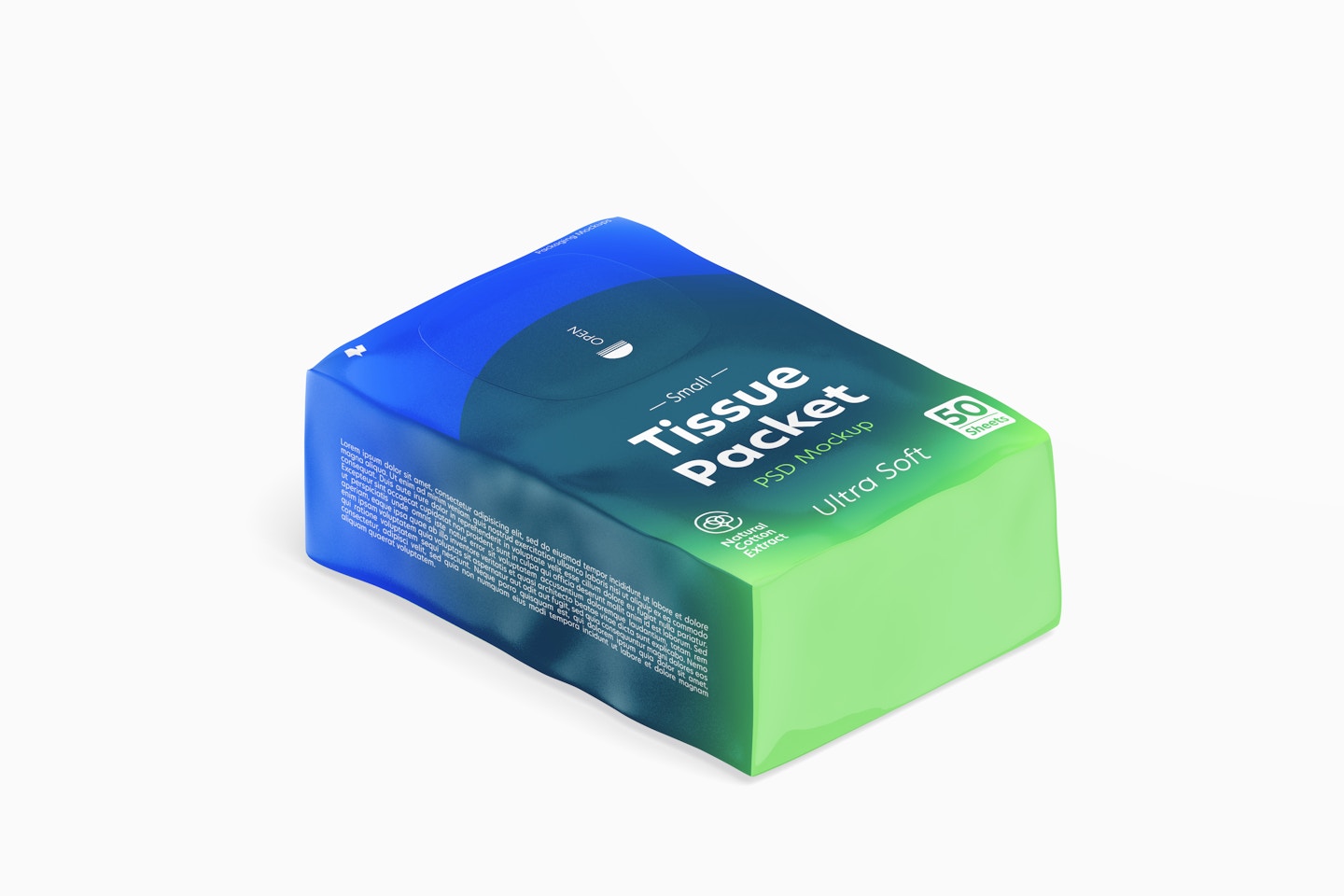Small Tissue Packet Mockup, Isometric Right View
