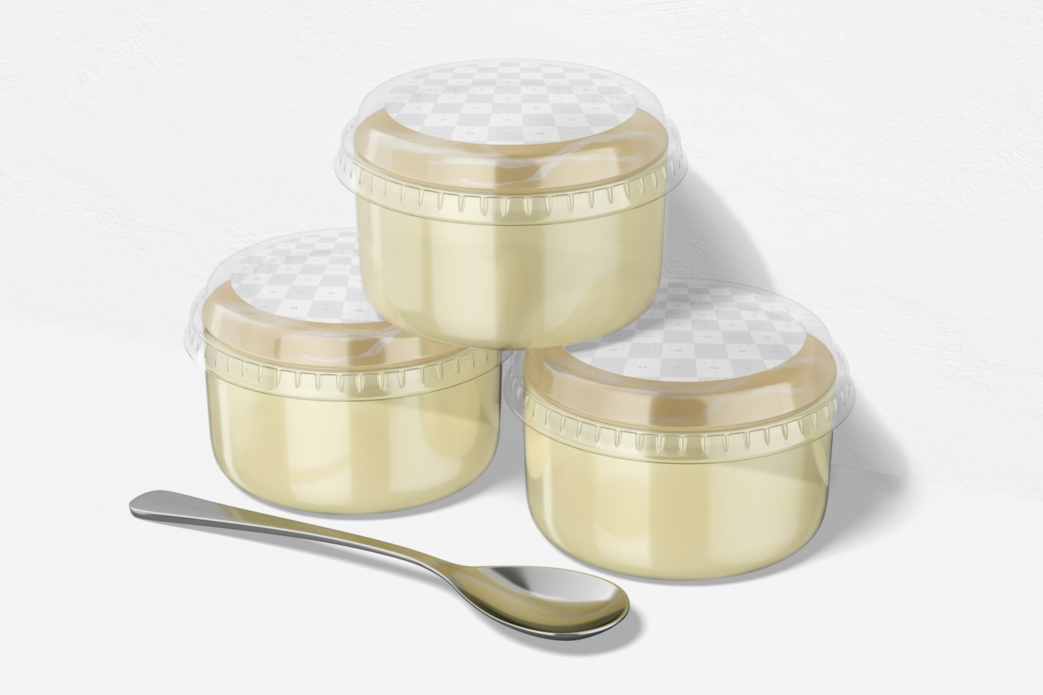 Pudding Plastic Cups with Spoon Mockup, Stacked