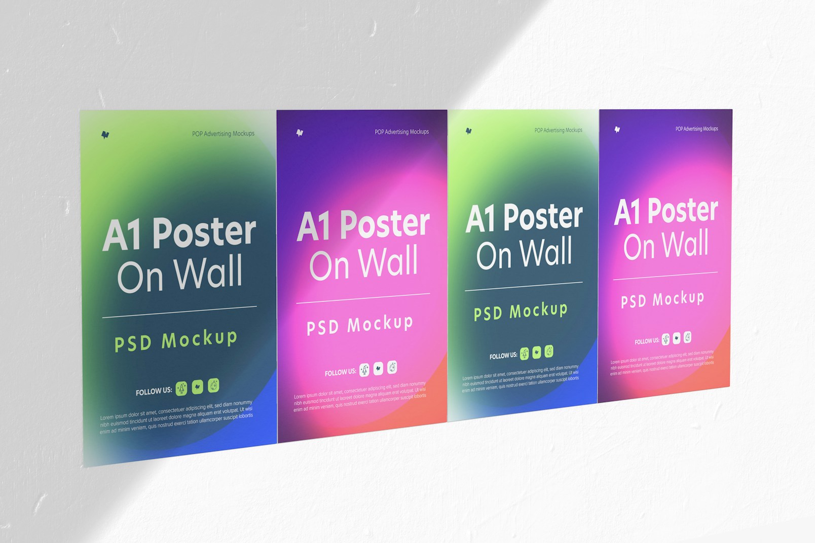 A1 Posters on Wall Mockup, Left View