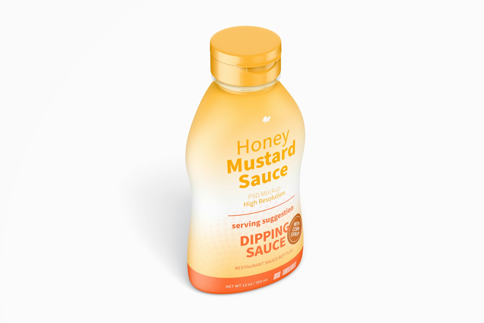 12 oz Honey Mustard Sauce Bottle Mockup, Isometric Right View