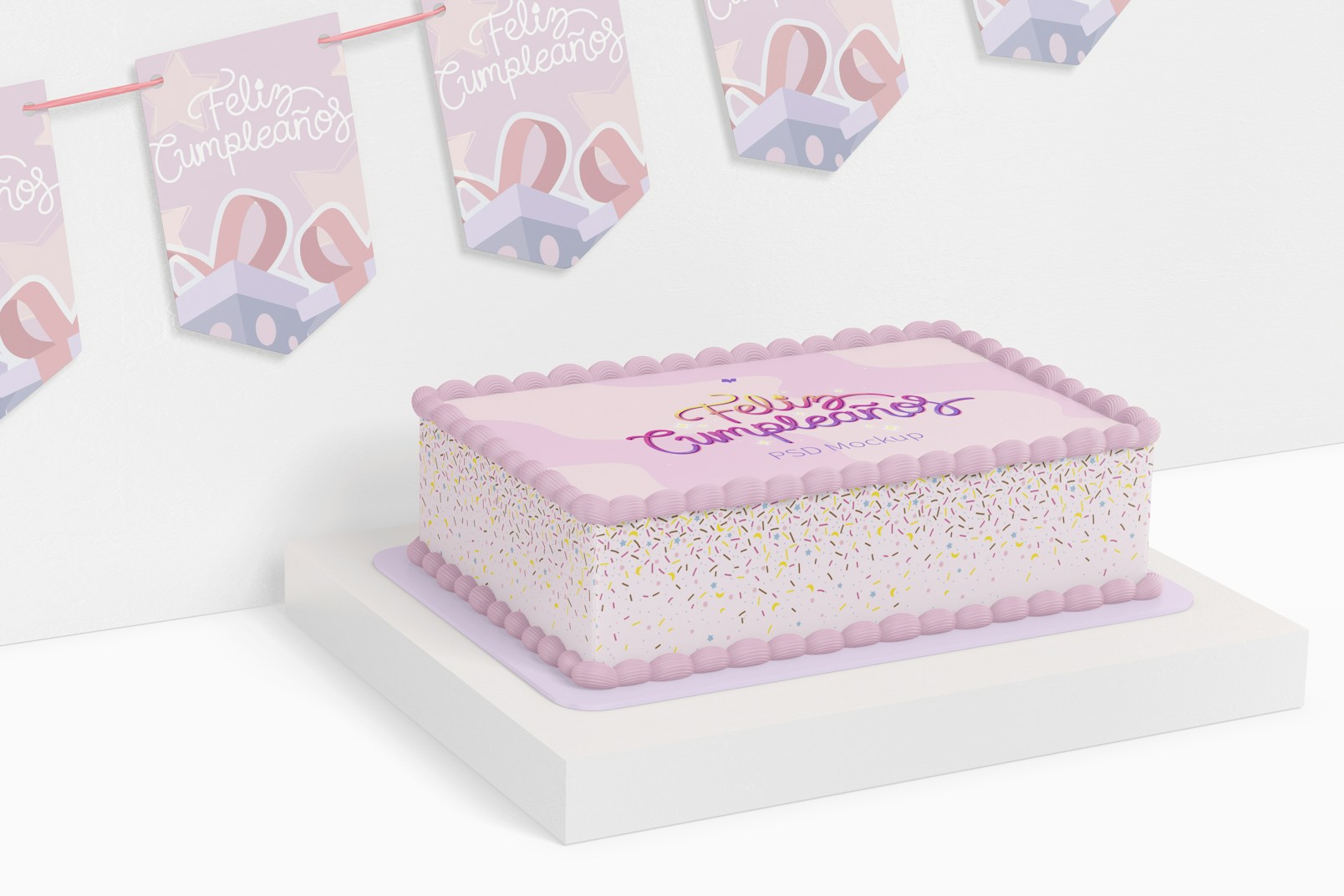 Square Cake with Banners Mockup