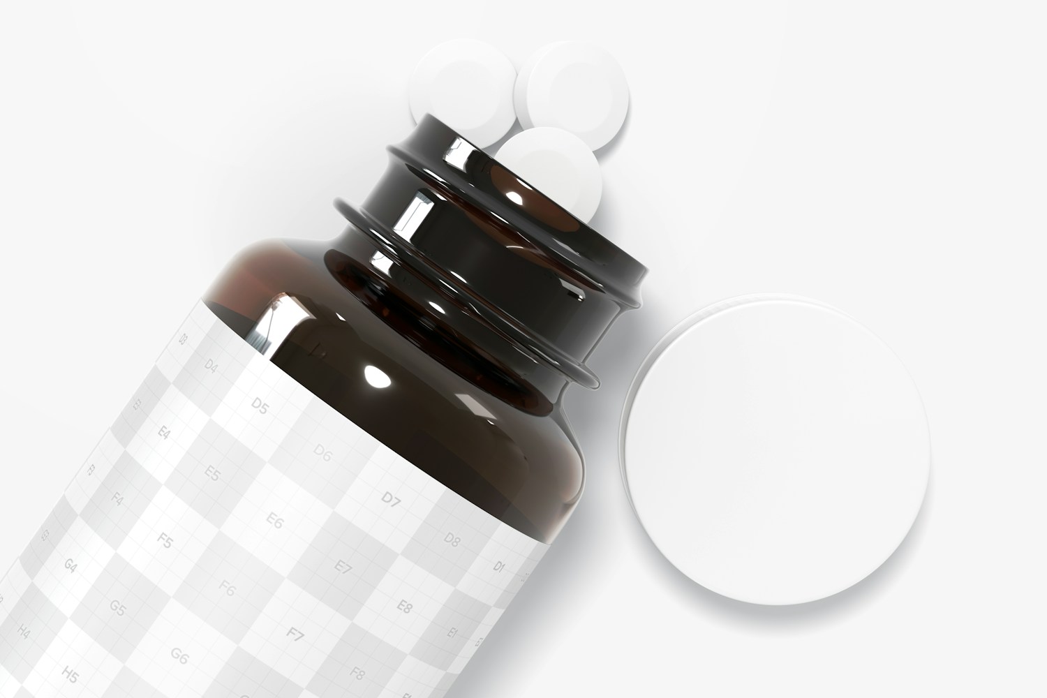 Amber Glass Pills Bottle Mockup, Close-Up