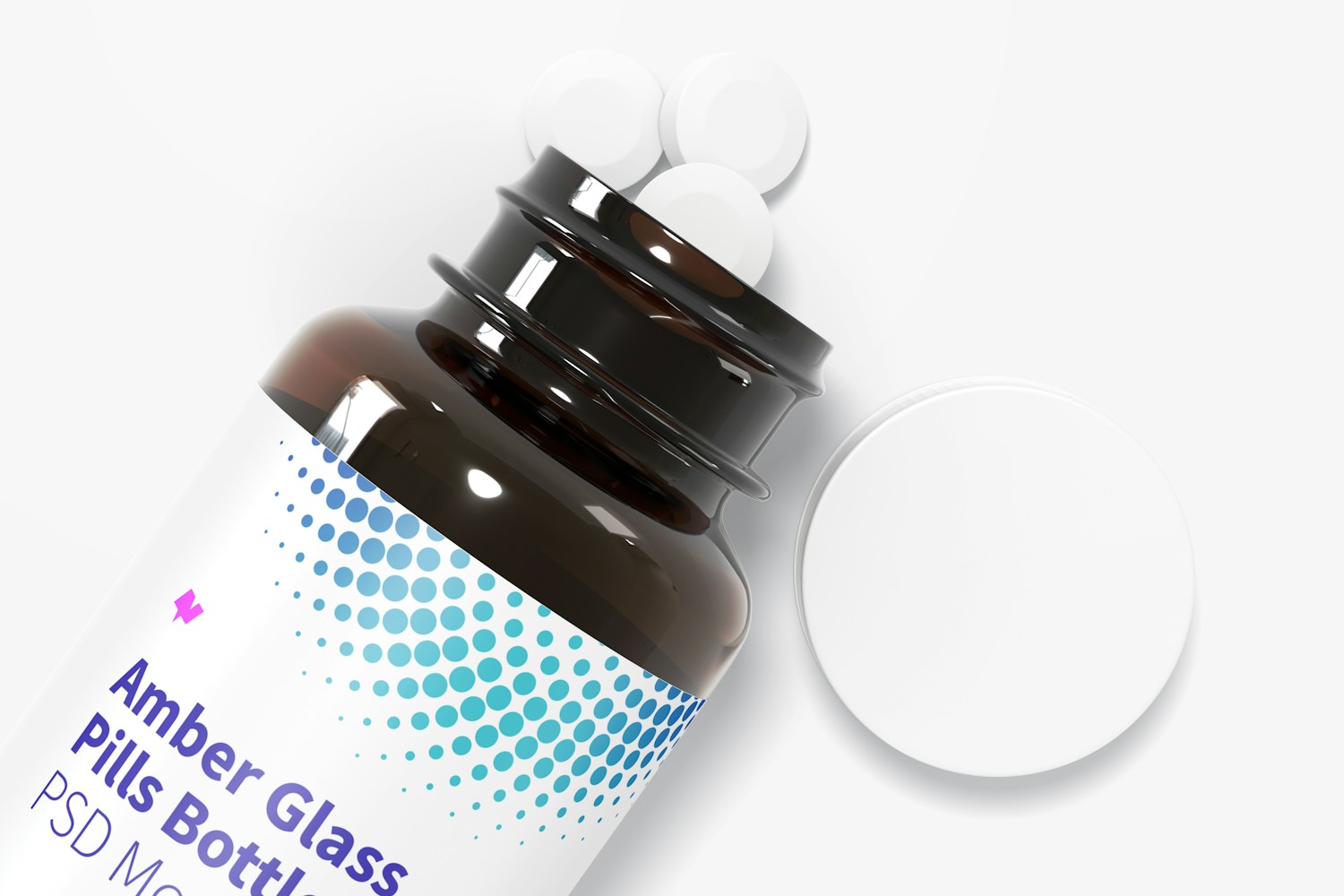 Amber Glass Pills Bottle Mockup, Close-Up