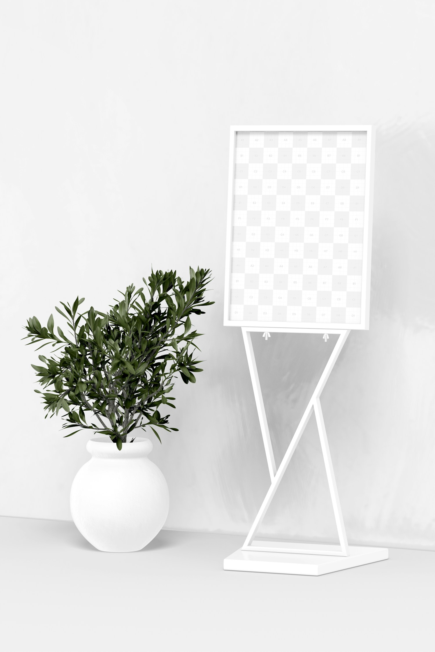 Pedestal Poster Stand Mockup, with Plant Pot