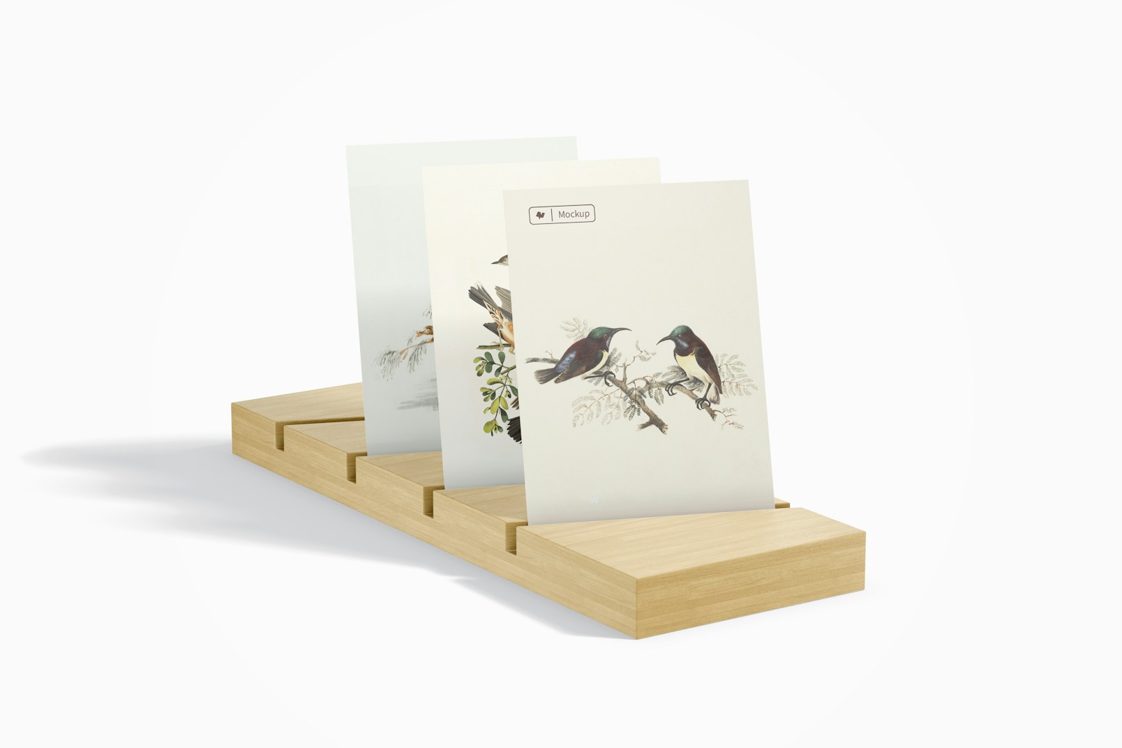 A5 Postcard on Wood Stand Mockup, Perspective View