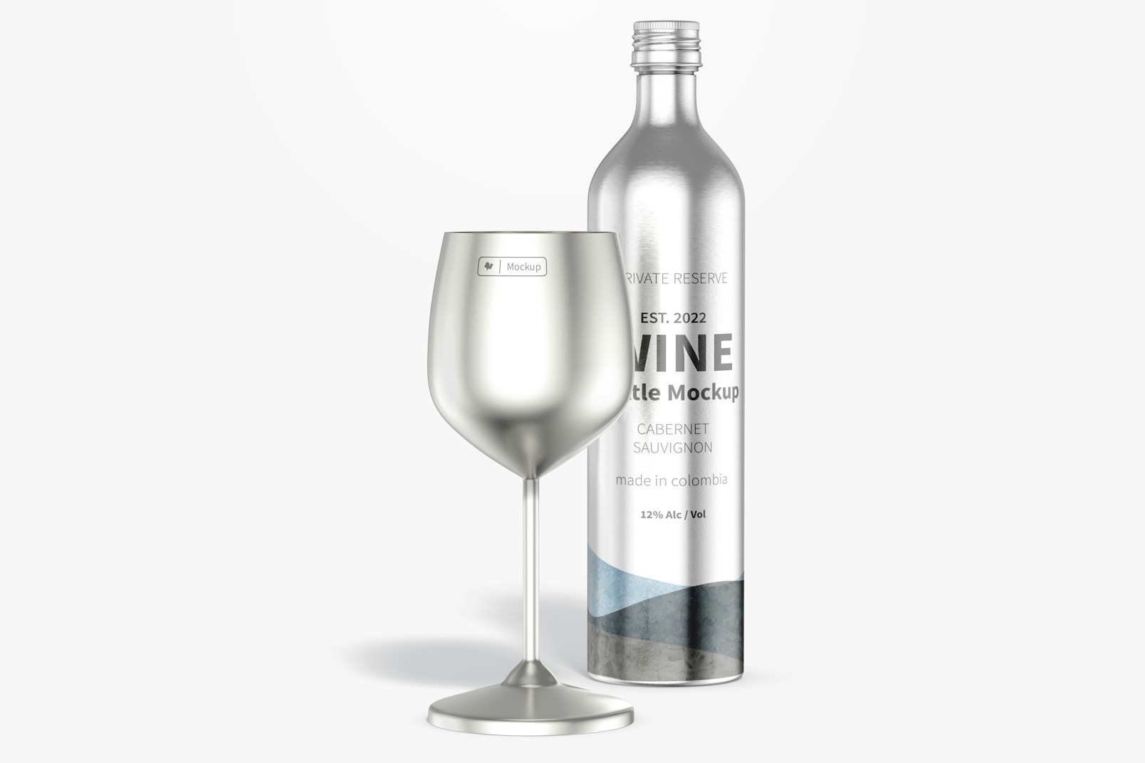 Stainless Steel Wine Glass with Bottle Mockup