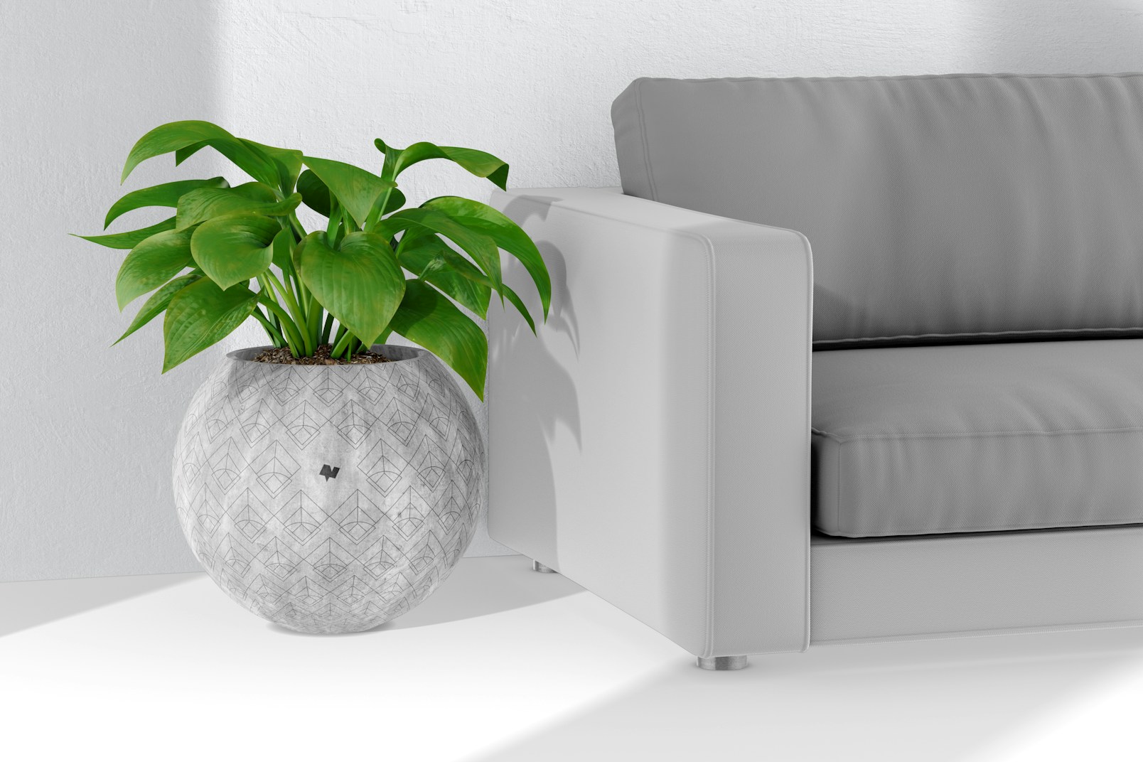 Large Round Cement Planter with Sofa Mockup