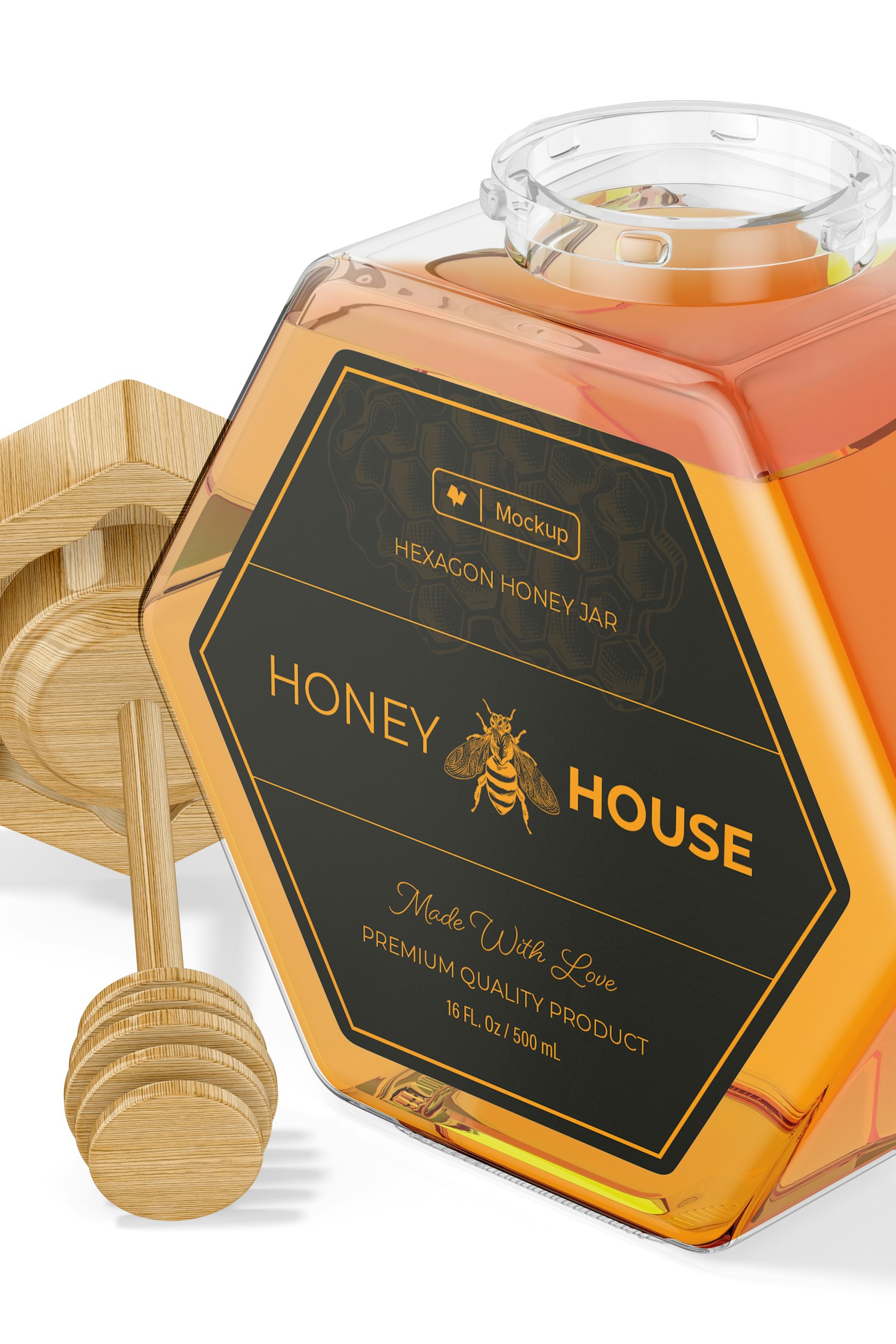 Hexagon Shaped Honey Jar Mockup, Close Up
