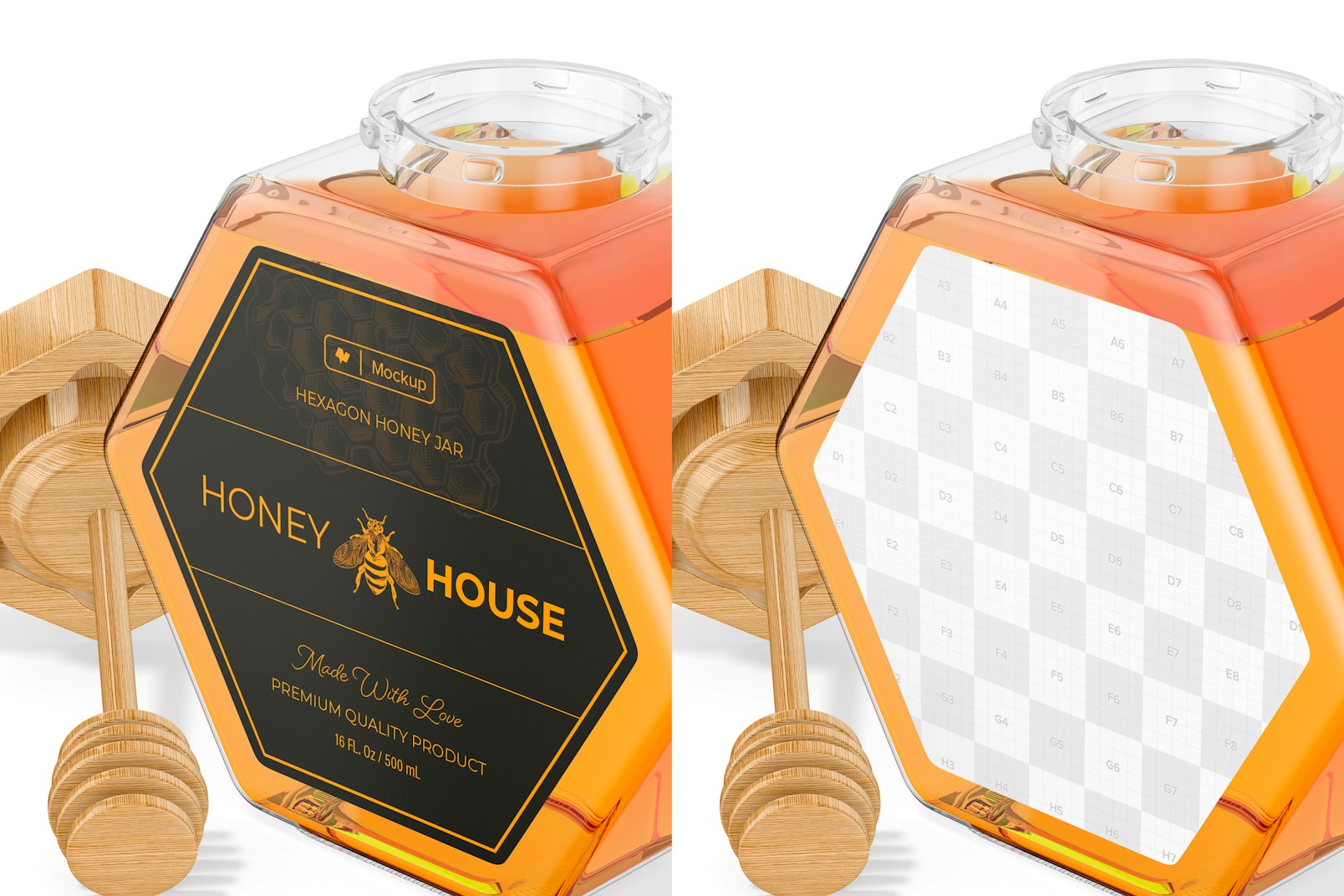 Hexagon Shaped Honey Jar Mockup, Close Up