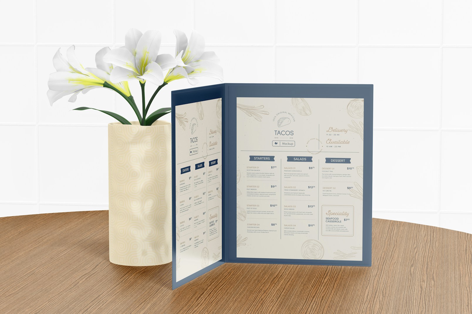 Two-sided Menu Cover Mockup, Opened