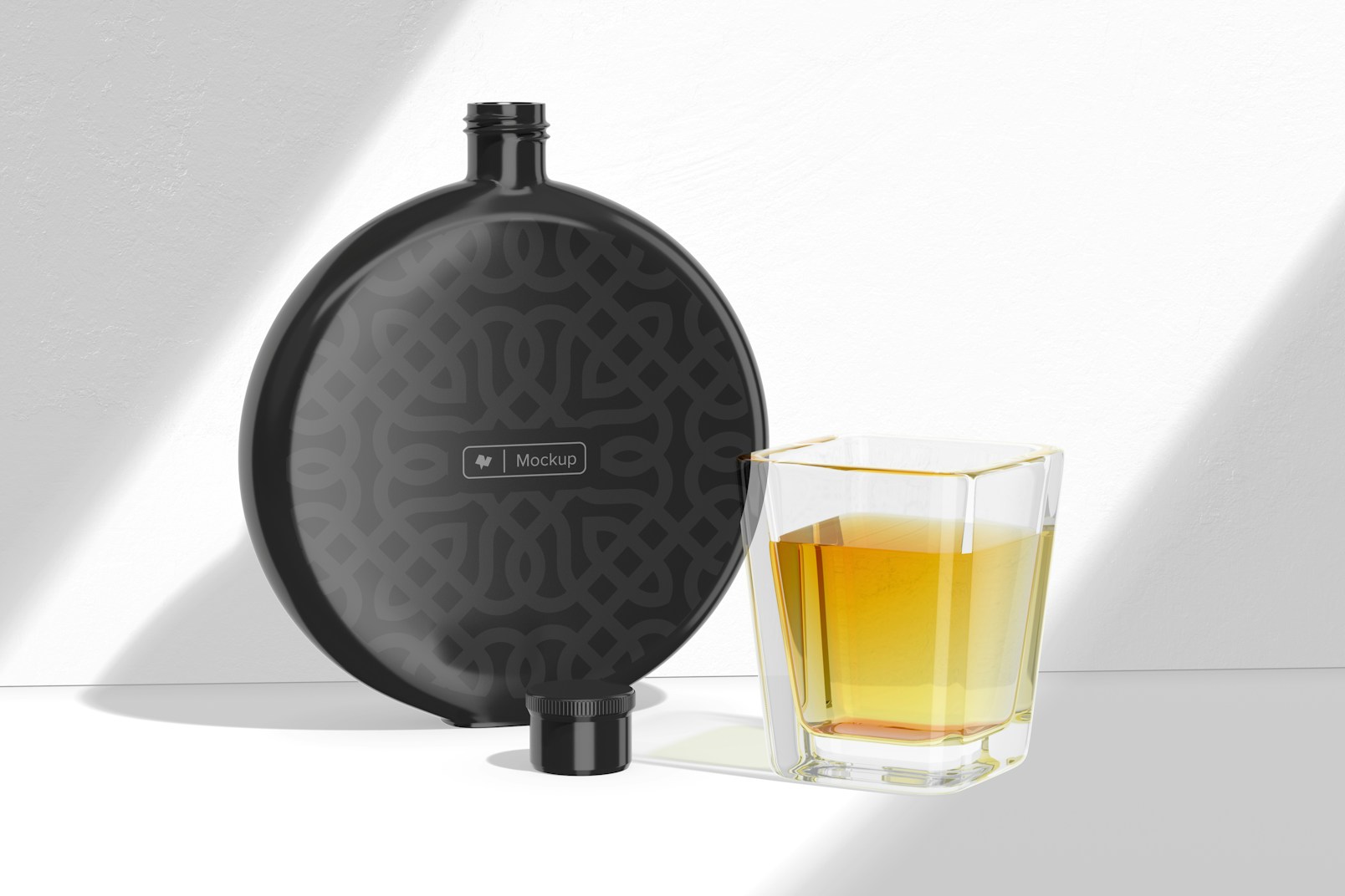 Round Liquor Flask with Whiskey Glass Mockup