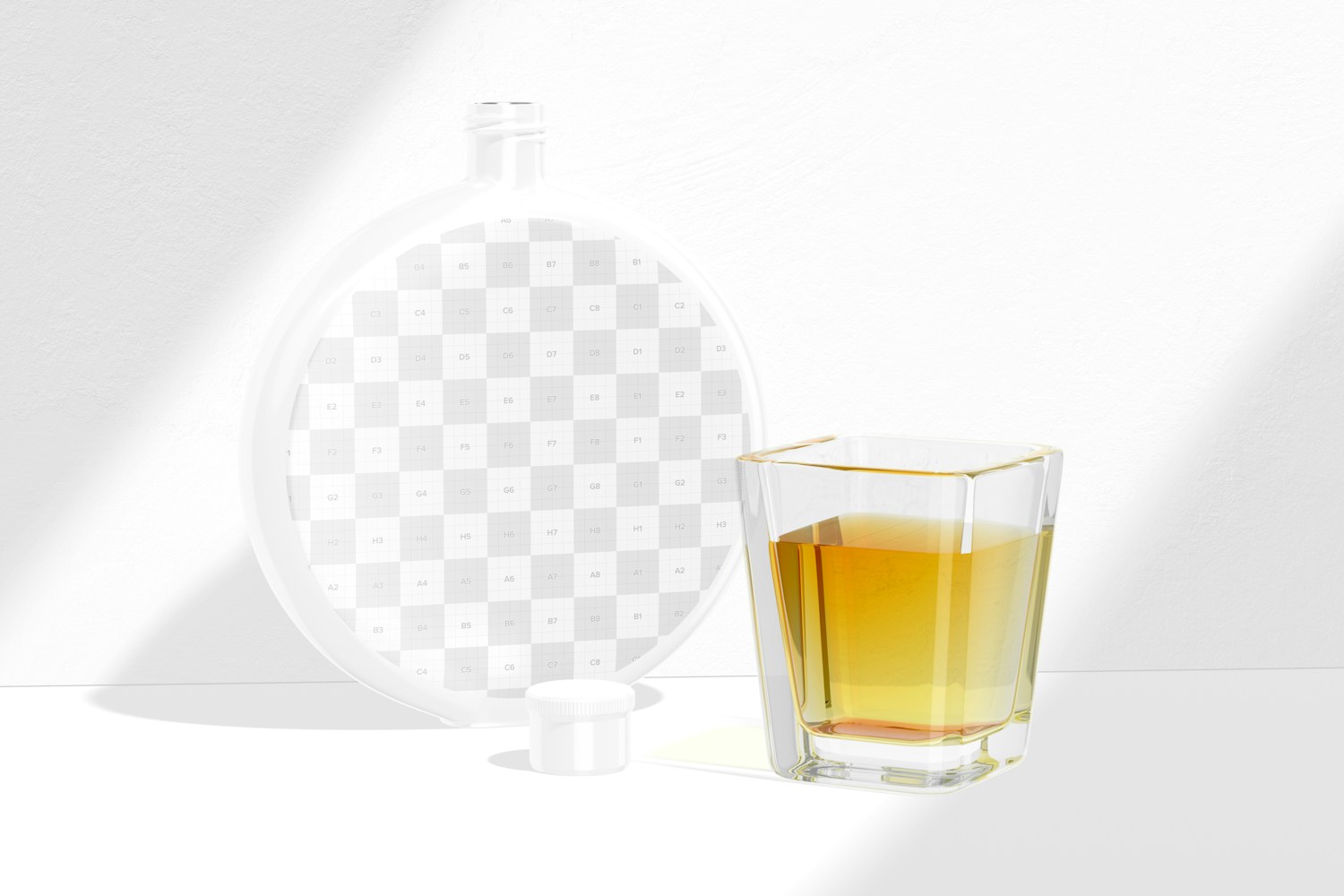 Round Liquor Flask with Whiskey Glass Mockup