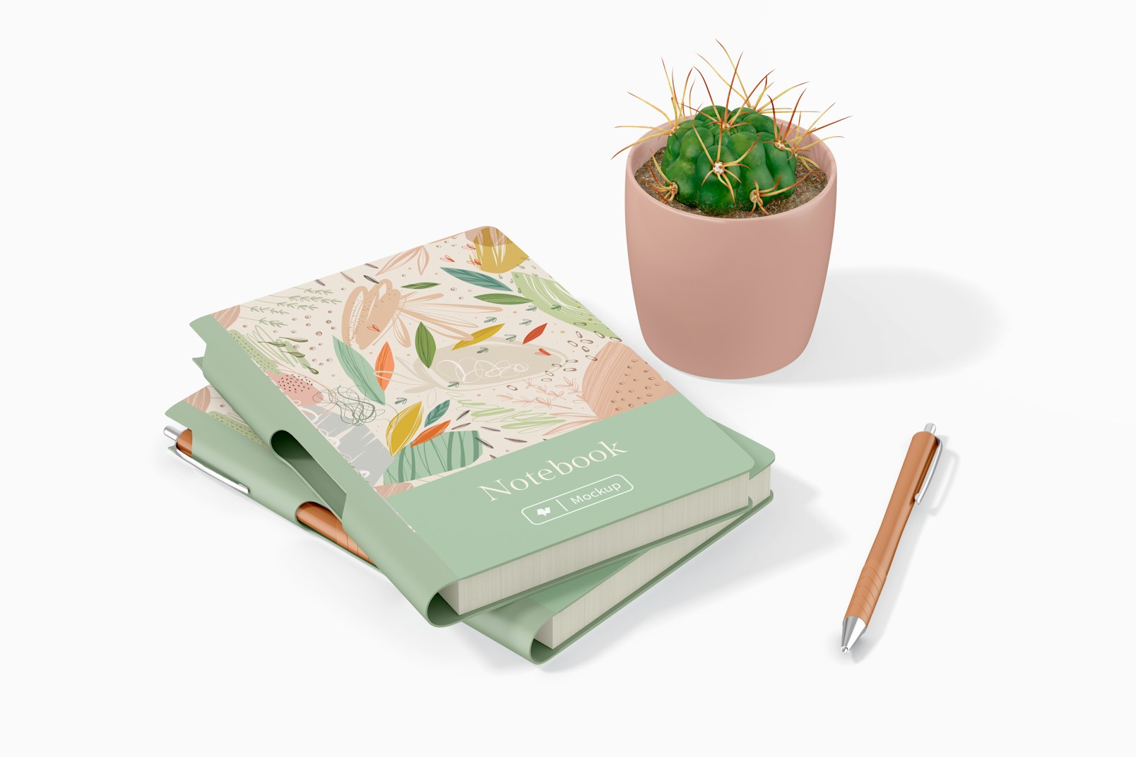 Notebook with Lateral Pen Holder with Plant Pot Mockup