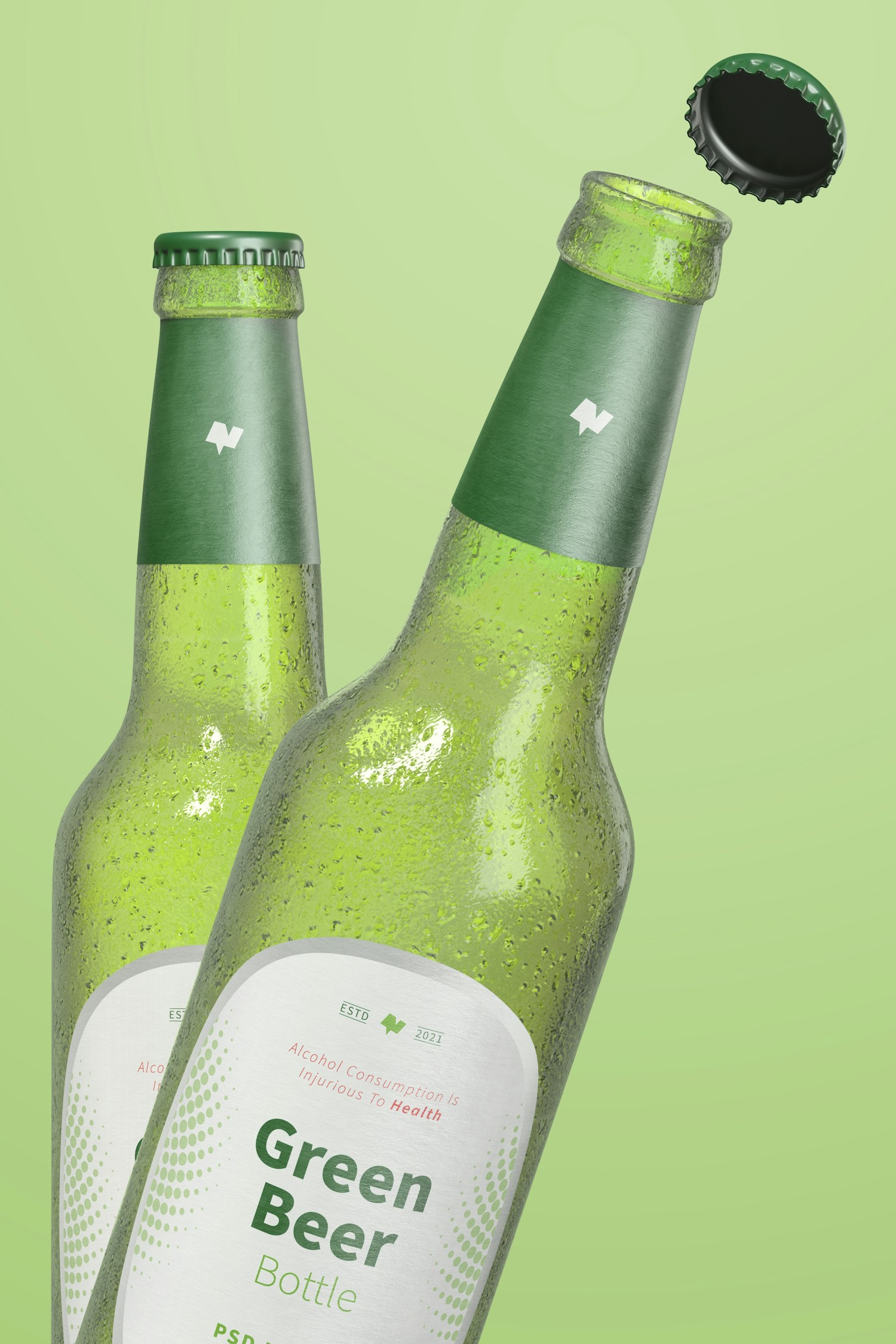 Green Beer Bottles Mockup, Close-Up