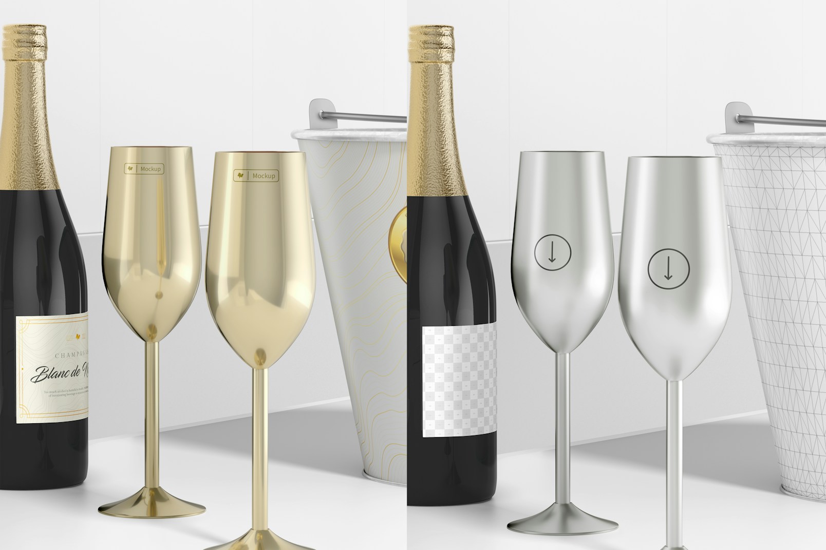 Stainless Steel Champagne Glass Mockup, Low Angle View