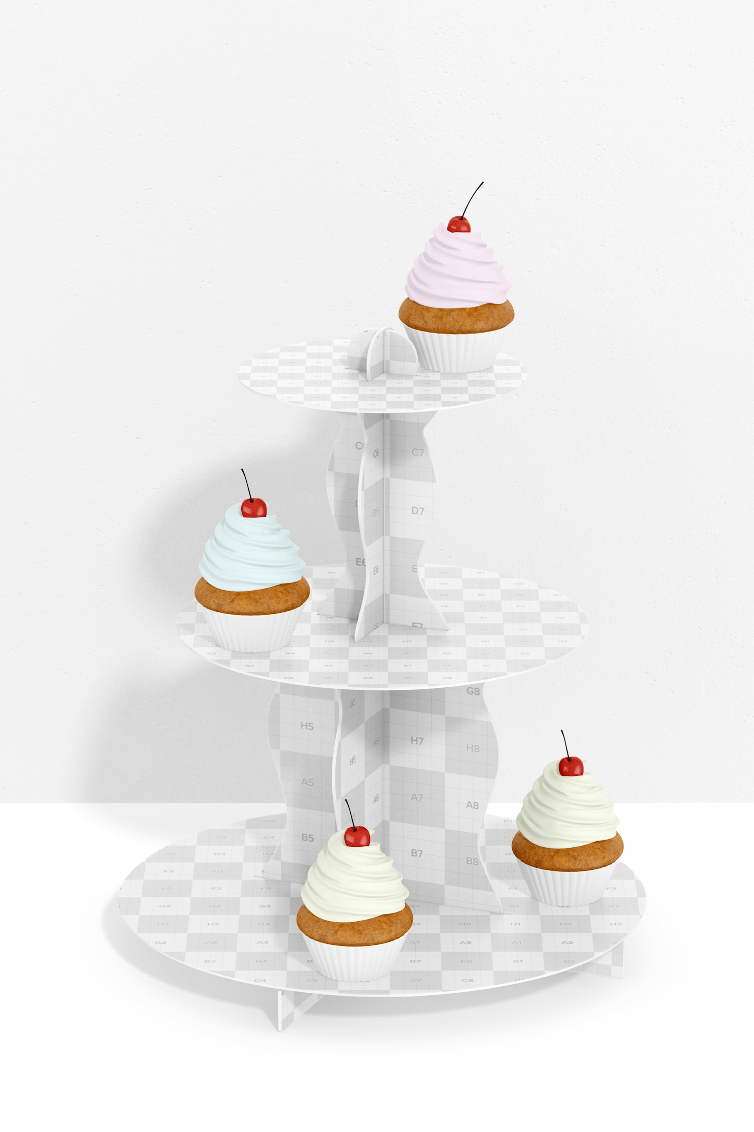 3-Tier Cardboard Cupcake Stand with Wall Mockup