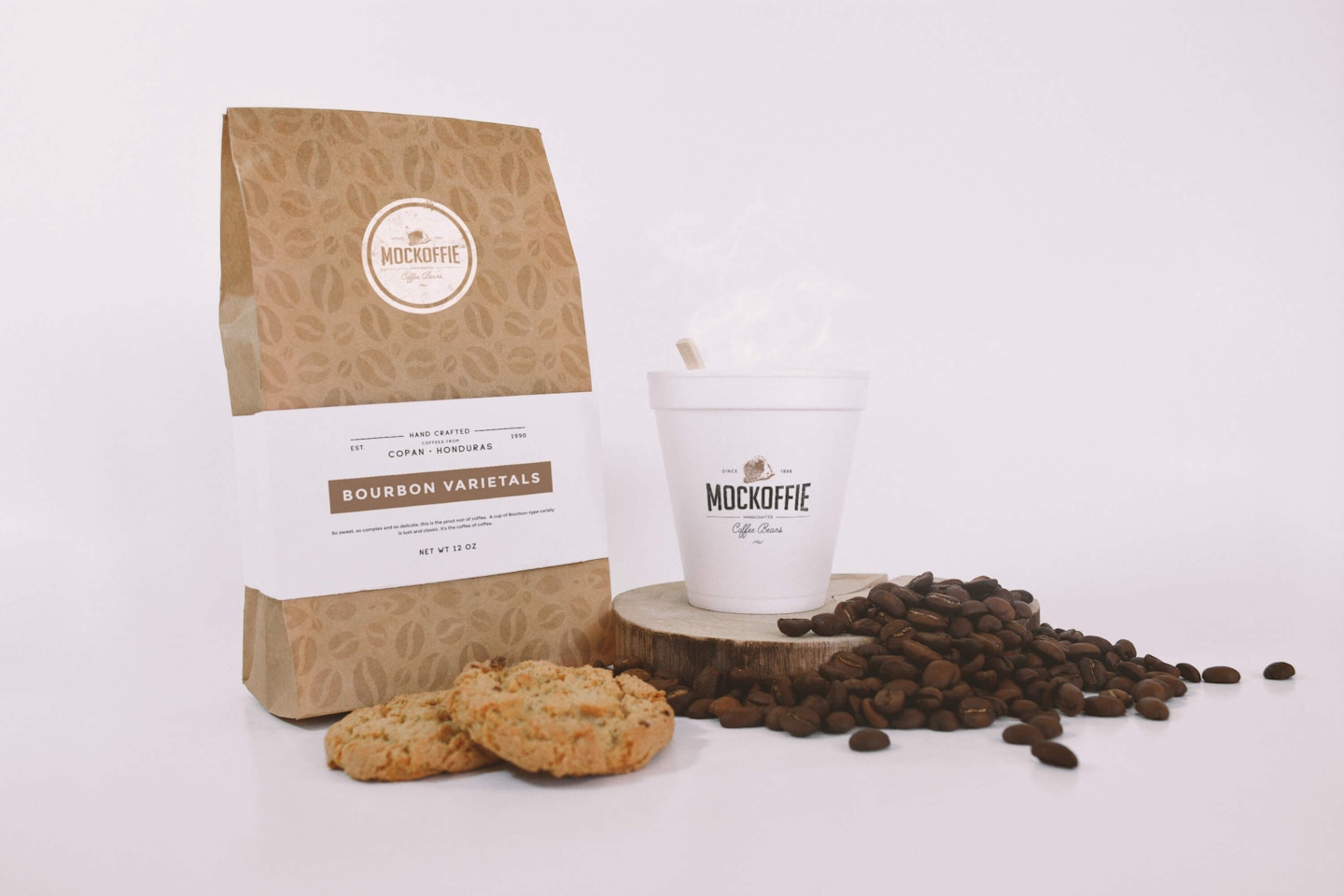 Coffee Bag and Cup Mockup With Cookies