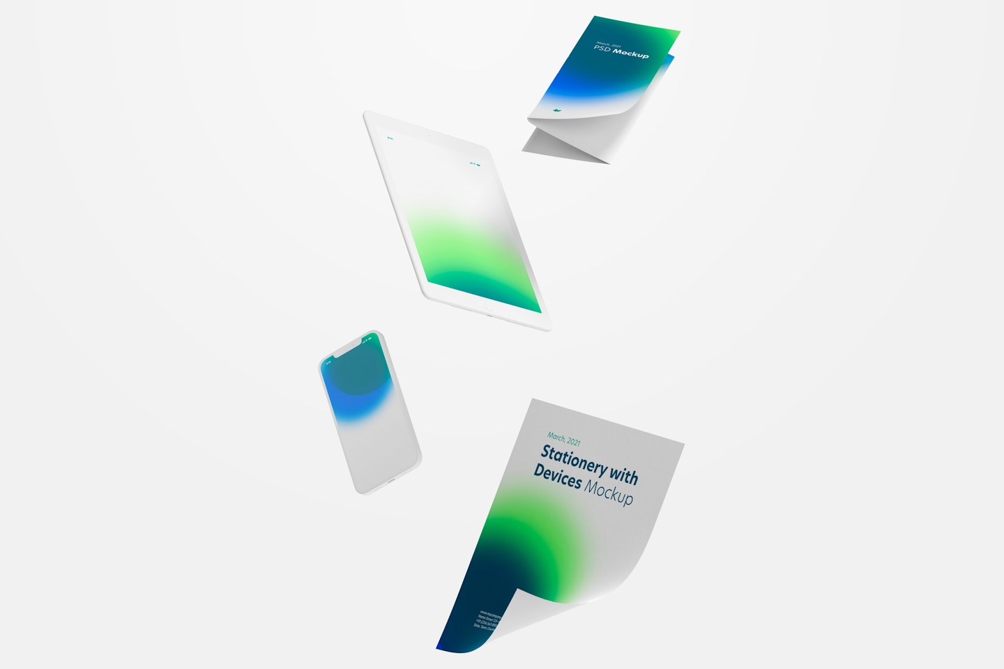 Stationery with Devices Mockup, Floating
