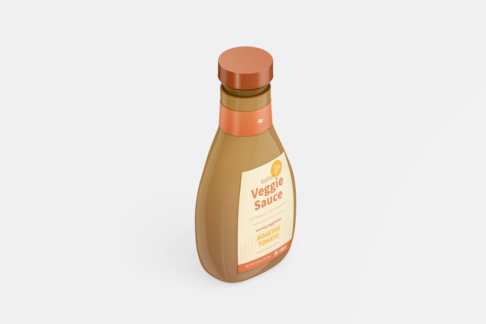 Maqueta de Botella de Salsa Vegetariana, Vista Isométrica Derecha
