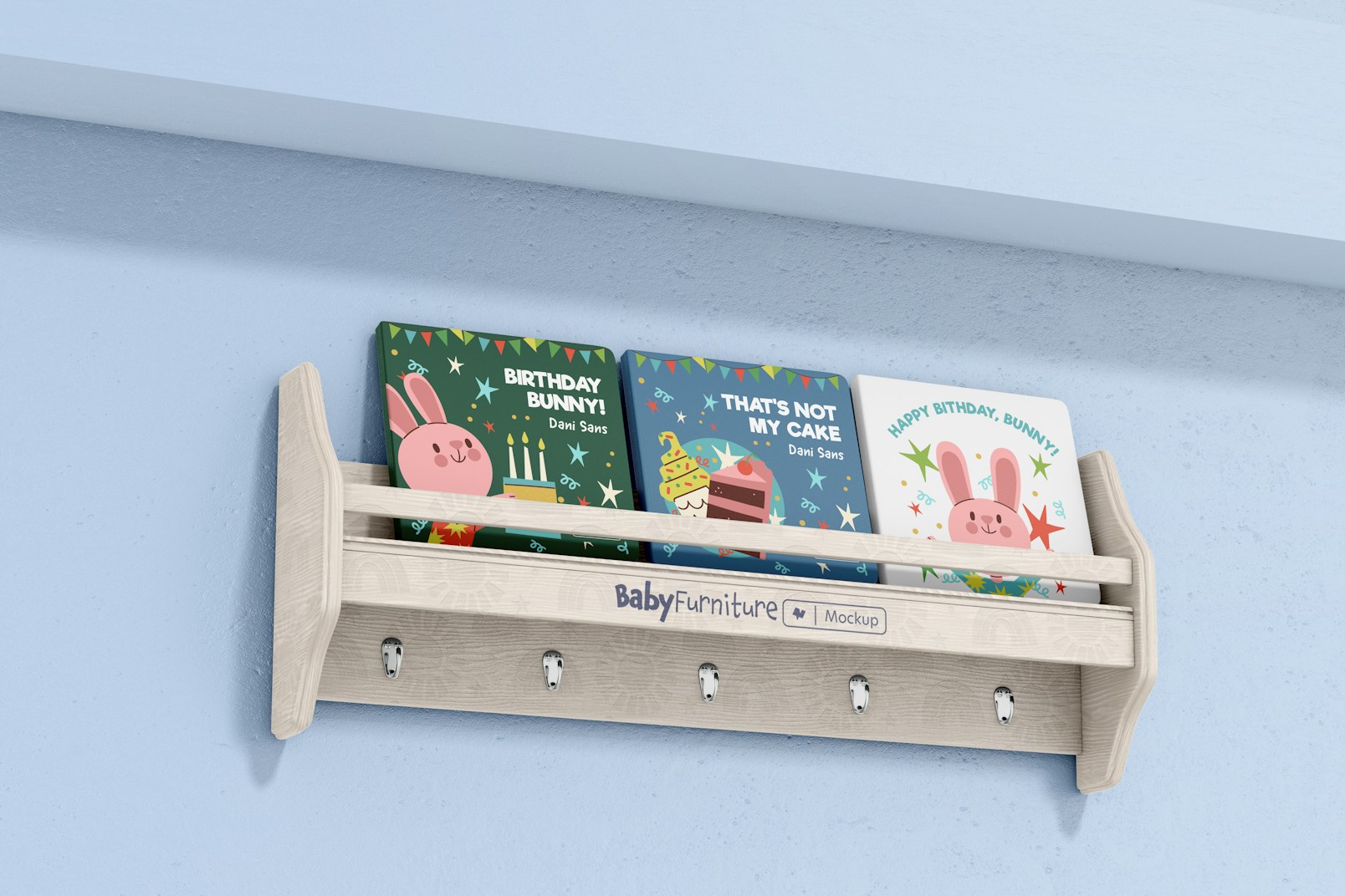 Nursery Shelf with Hooks Mockup, With Books