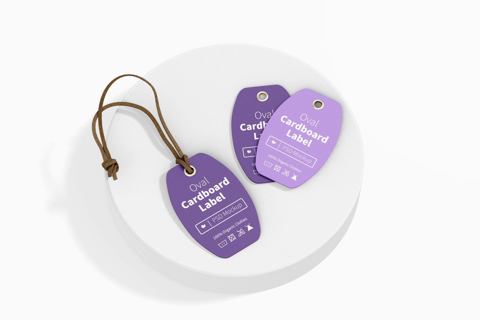 Oval Cardboard Labels with Leather Rope Mockup, Top View