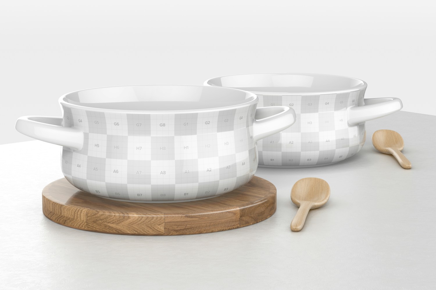 Ceramic Soup Bowls with Handles Mockup, Front View