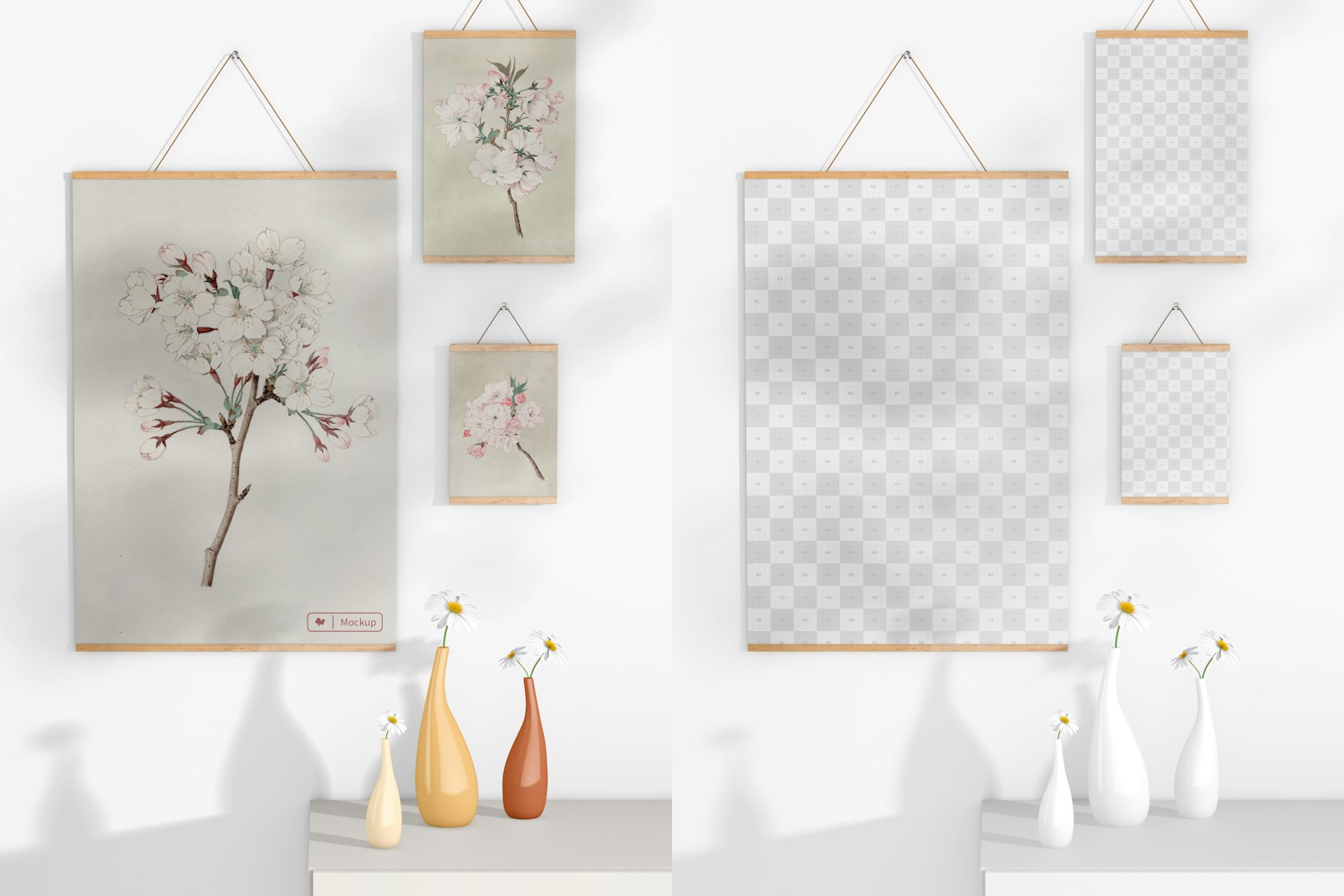 2:3 Wooden Frame Poster Hanger Set Mockup, with Vase
